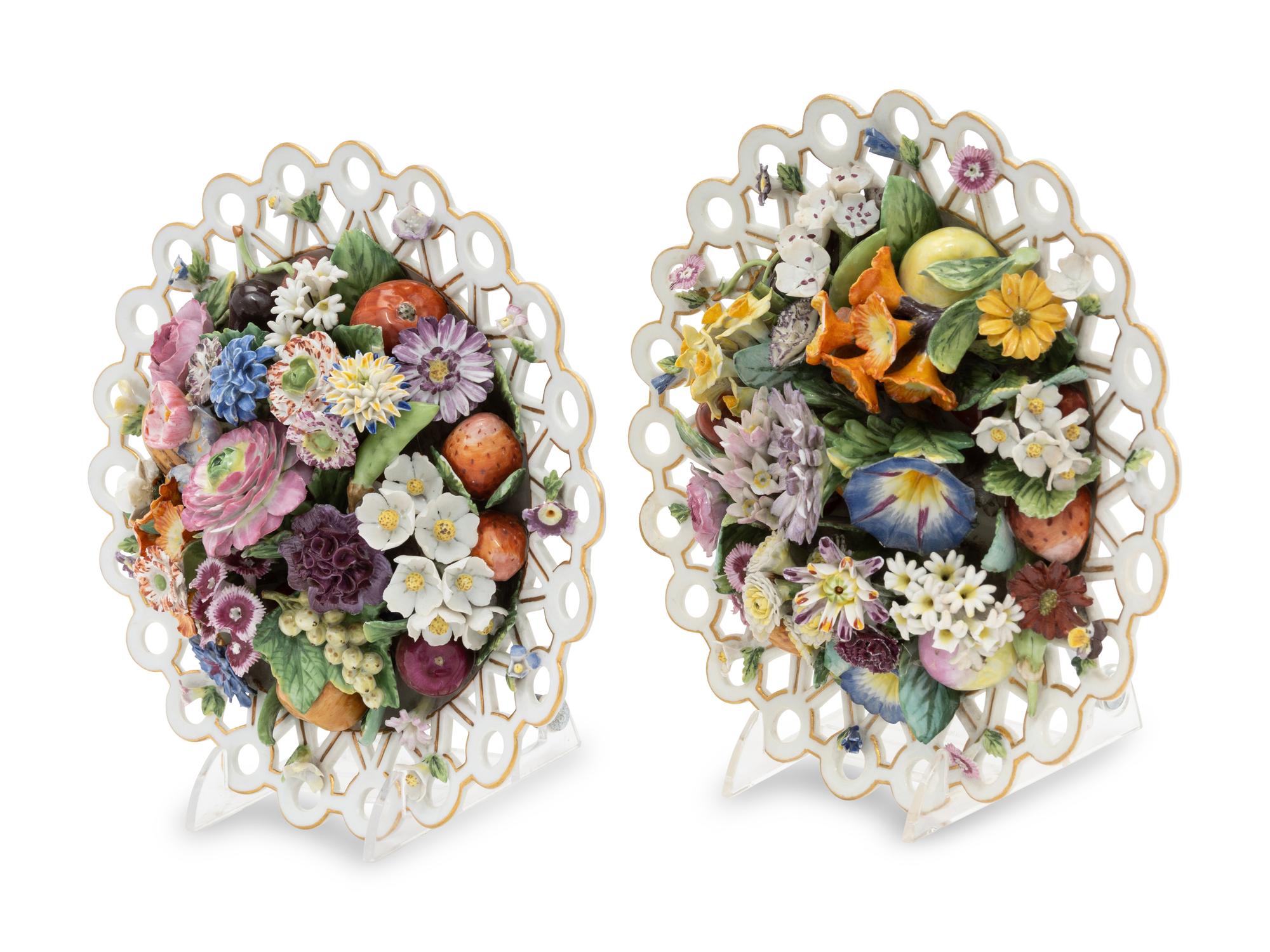 A Pair of Meissen Porcelain Models of Fruit- and Flower-Filled Baskets