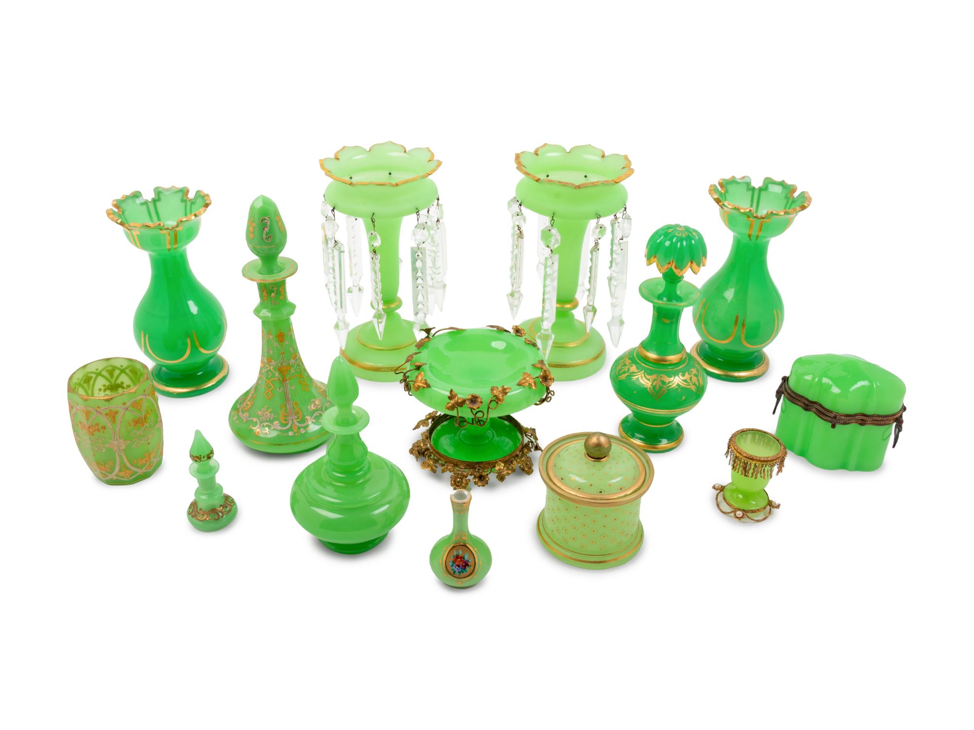 Fifteen Green Opaline Glass Articles