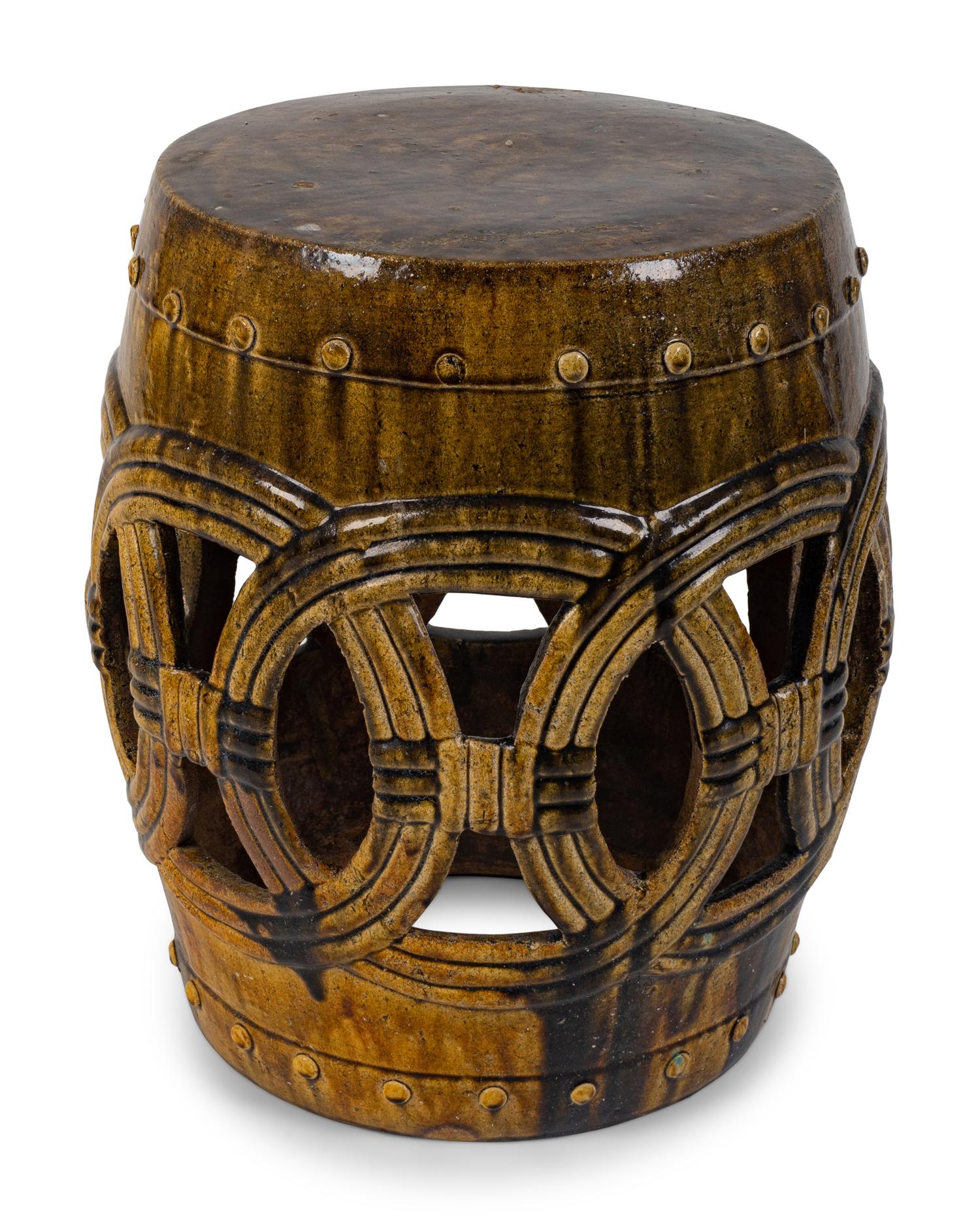 A Glazed Ceramic Barrell-Form Garden Seat