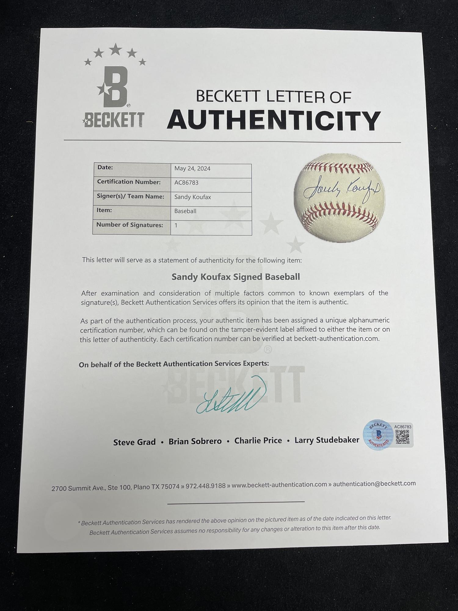 A Sandy Koufax Single Signed Autograph Baseball (Beckett Authentication Services)