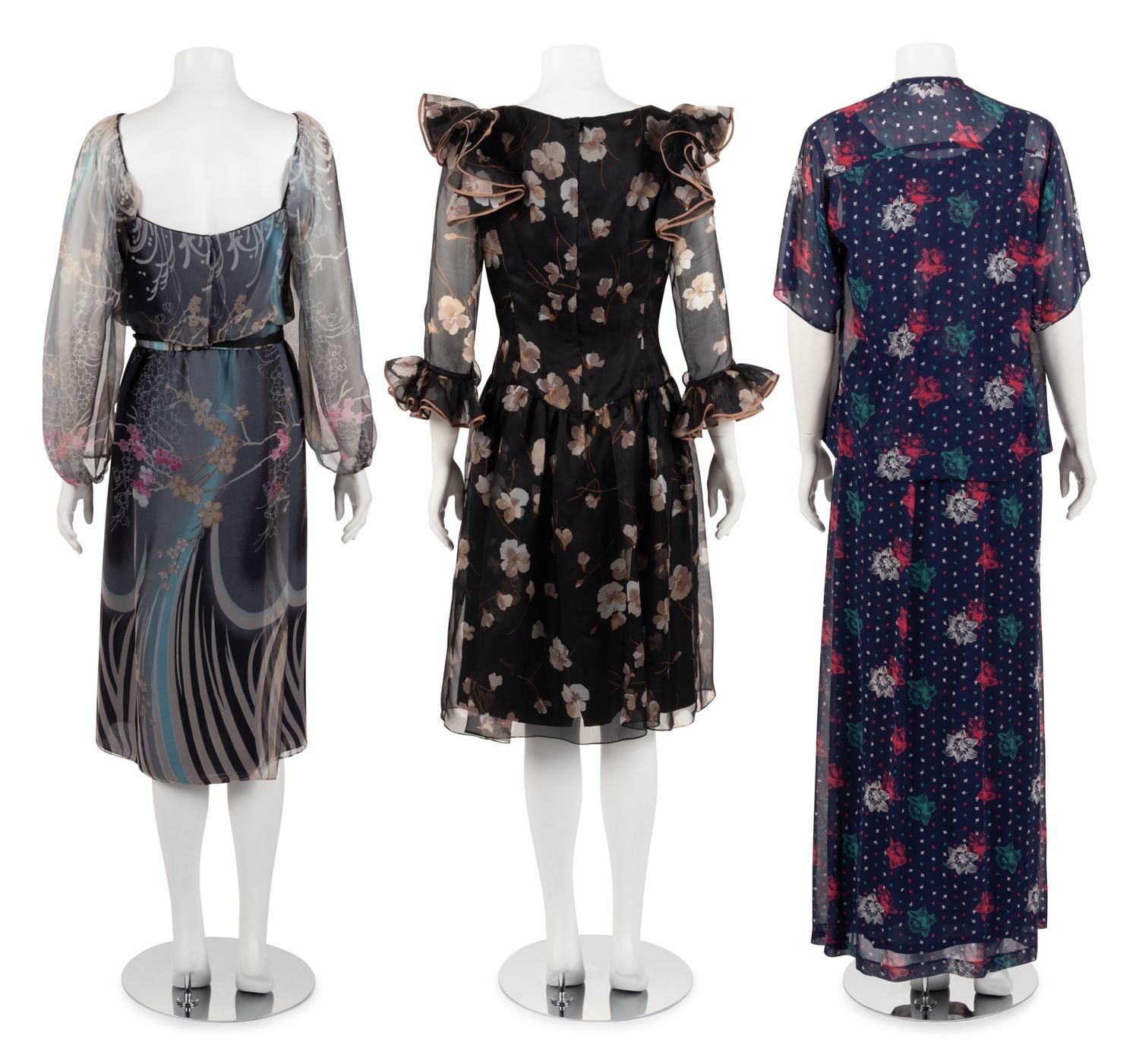 Three Floral Print Designer Dresses: One Three-Piece Oleg Cassini, One Jean-Louis, One Three-Piece Tina Leser, 1970-80s