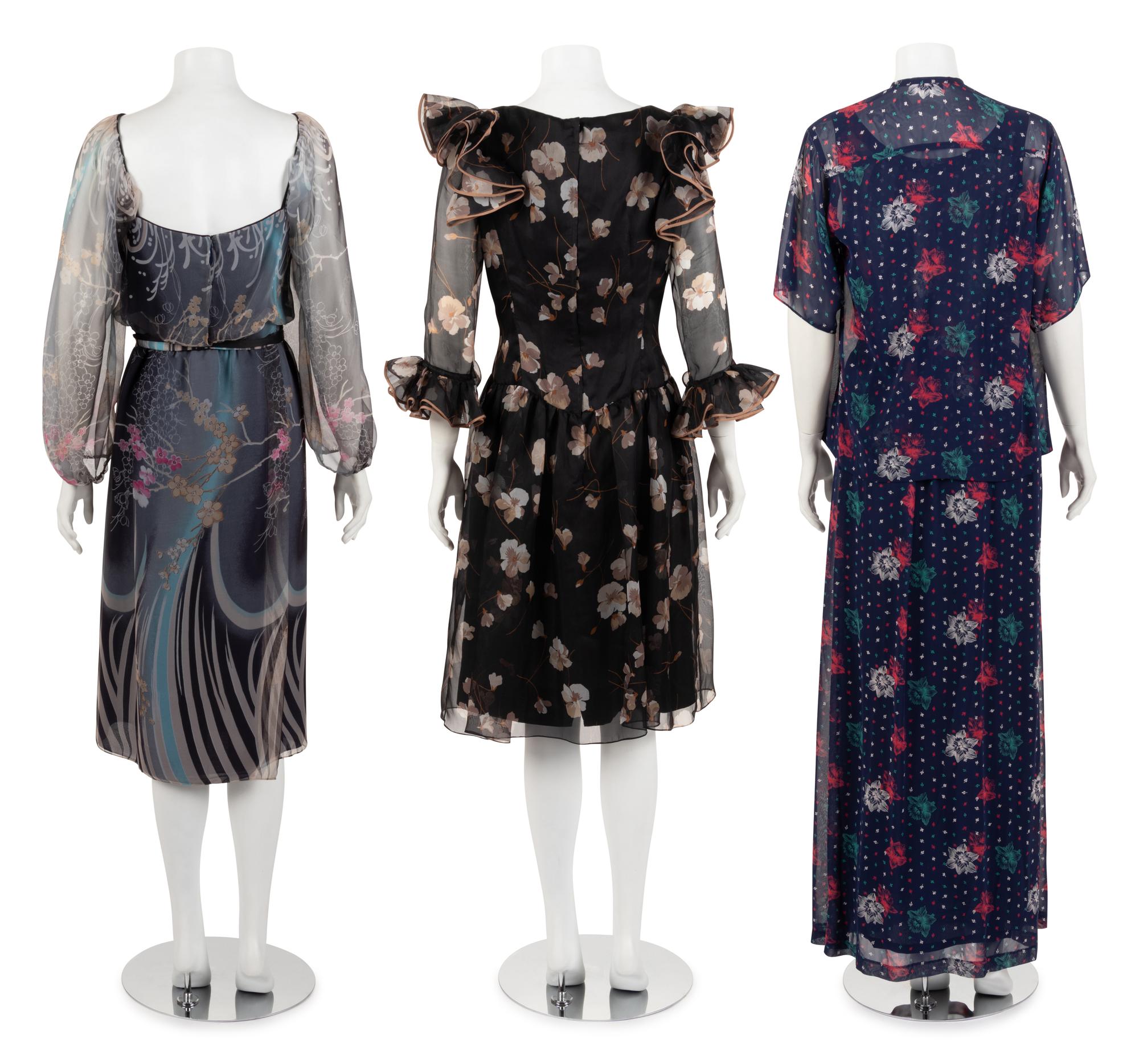 Three Floral Print Designer Dresses: One Three-Piece Oleg Cassini, One Jean-Louis, One Three-Piece Tina Leser, 1970-80s