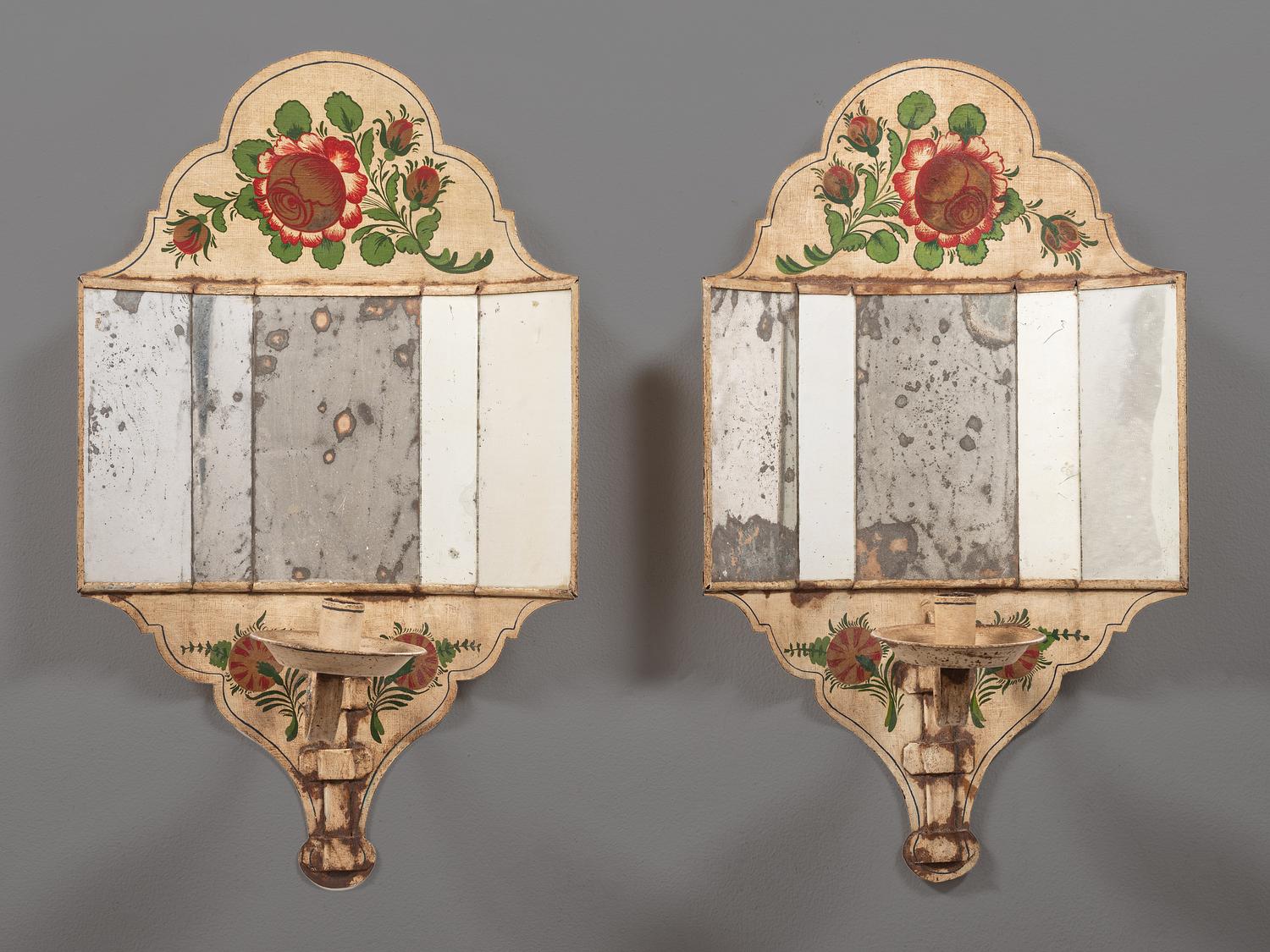 A Pair of Tole Decorated Mirrored Wall Sconces