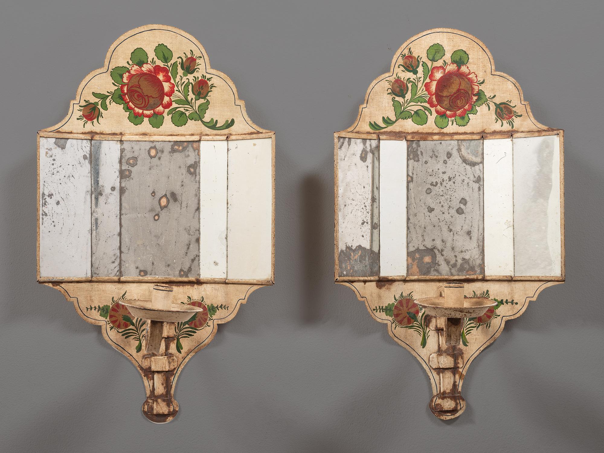 A Pair of Tole Decorated Mirrored Wall Sconces