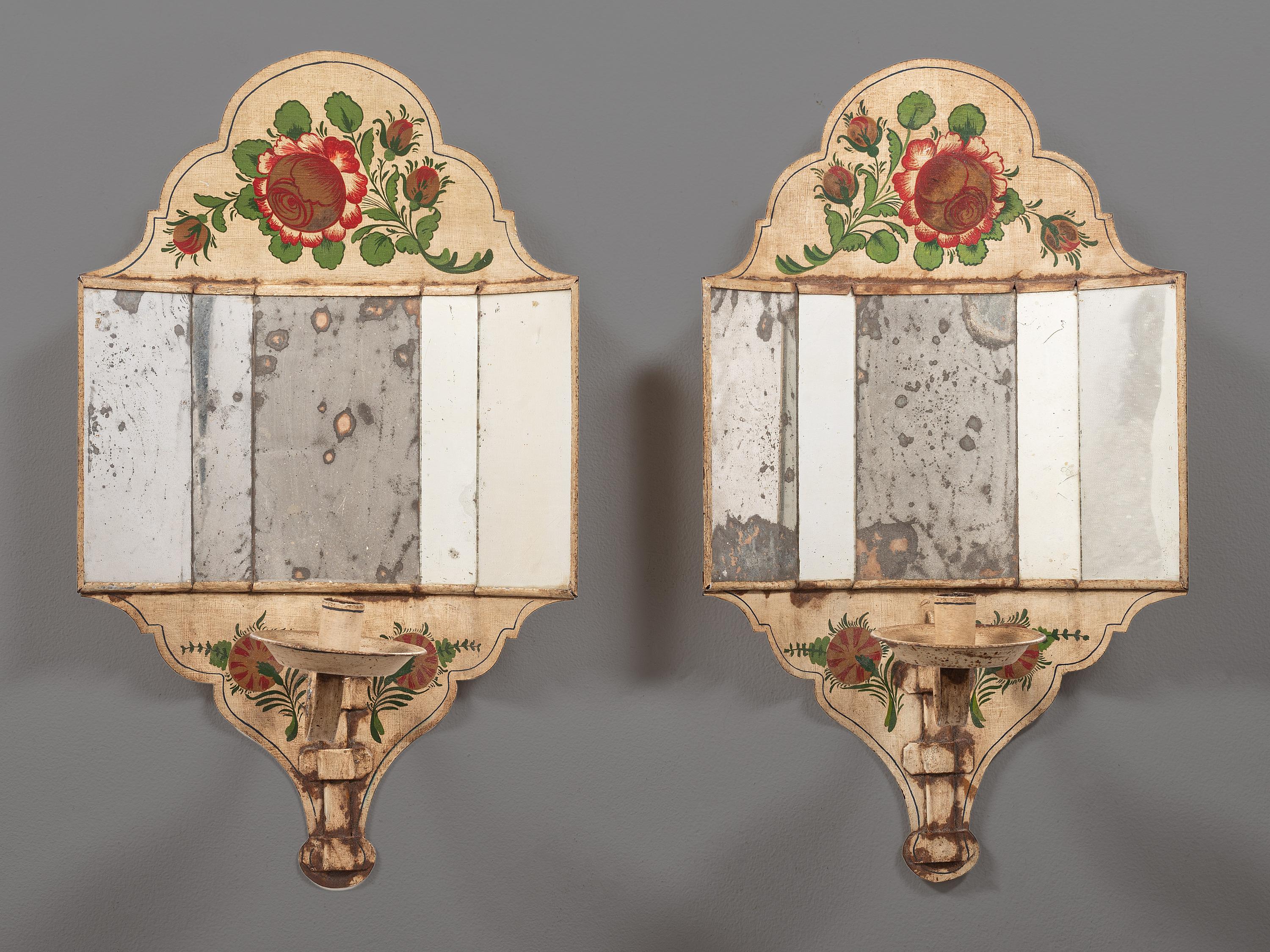 A Pair of Tole Decorated Mirrored Wall Sconces