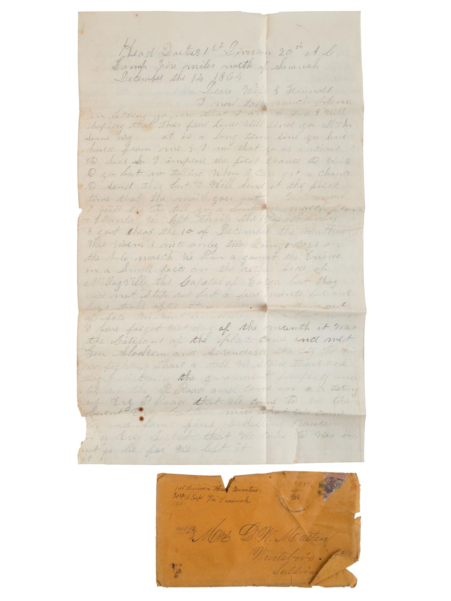 [CIVIL WAR]. Extensive letter archive of Private David W. Masten, Co. E, New York 143rd Infantry, musician, private, and member of the Ambulance Corps.