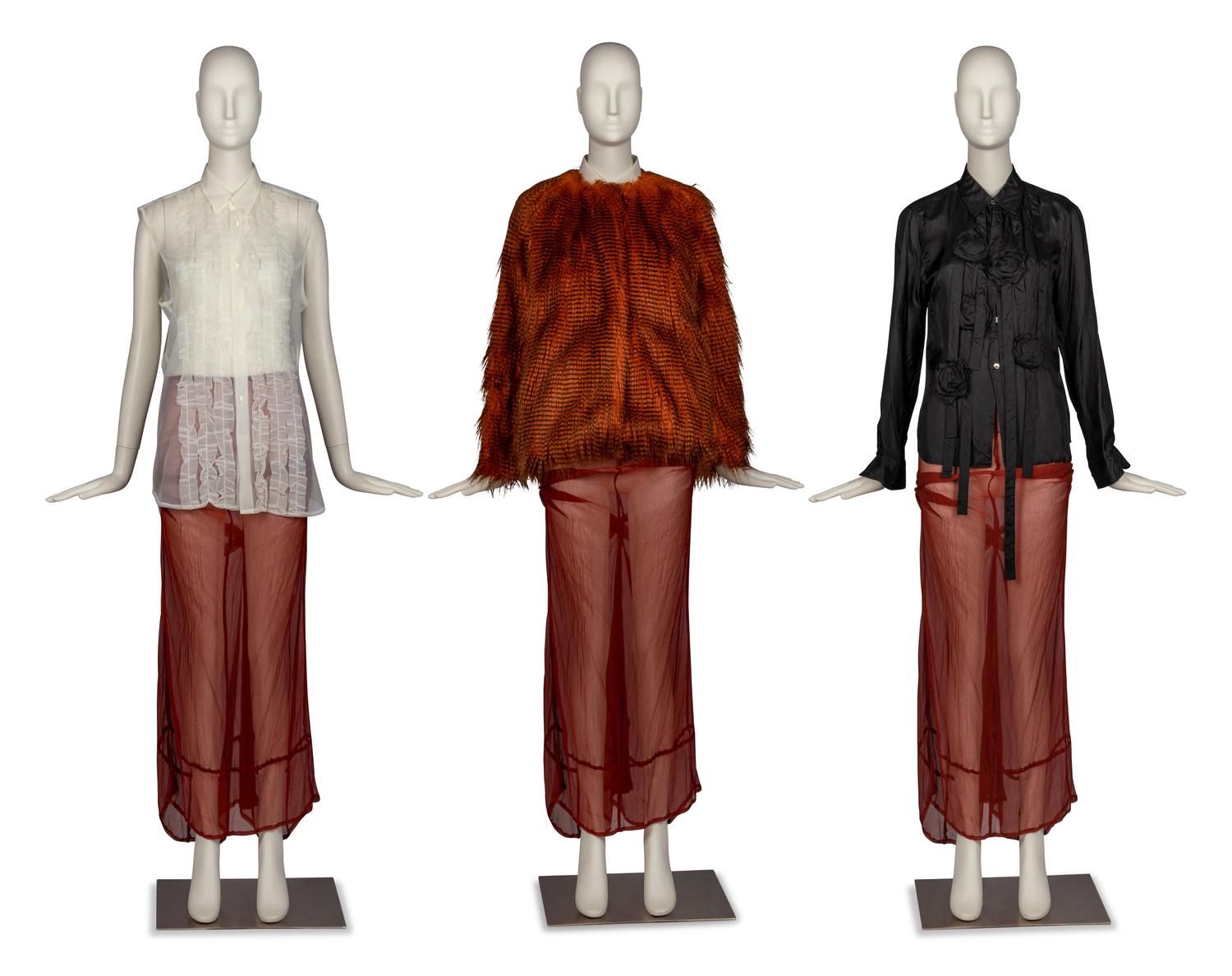 Dries Van Noten Faux Fur Jacket and Chiffon Skirt with Two Commes des Garçons Blouses
