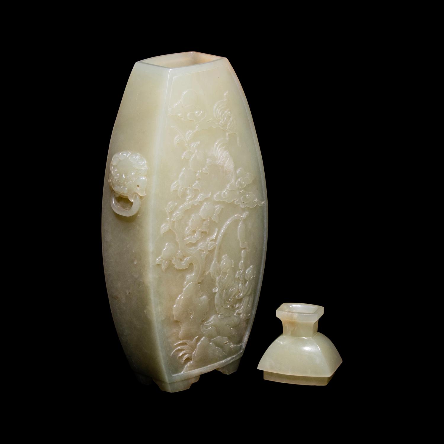 A Chinese Celadon Jade Vase and Cover, Late 19th Century 清晚期 青白玉浮雕童戲圖蓋瓶