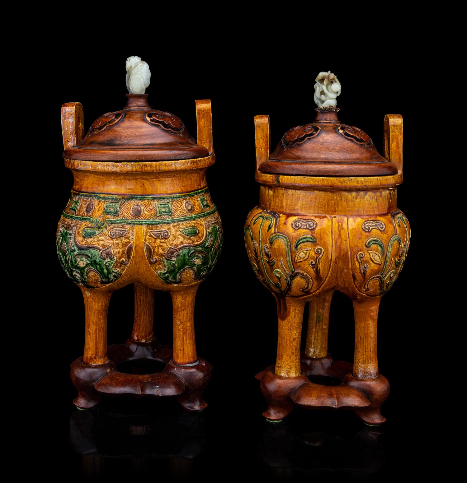A Pair of Chinese Sancai Glazed Porcelain Tripod Ding Vessels