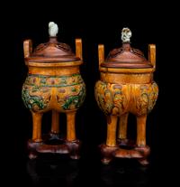 A Pair of Chinese Sancai Glazed Porcelain Tripod Ding Vessels