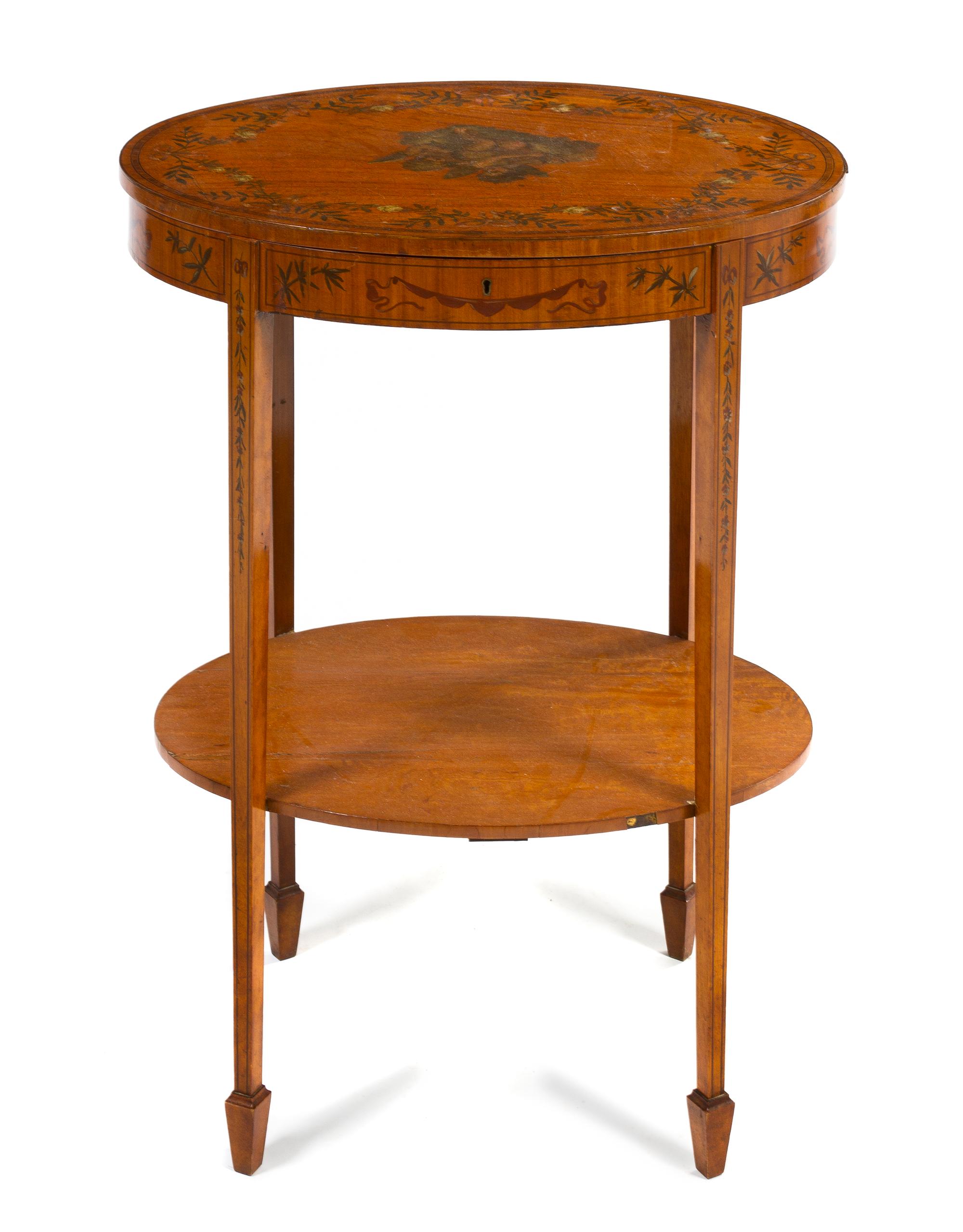 An Edwardian Style Painted Satinwood Work Table, Height 28 3/4 x width 21 3/4 x depth 15 3/4 inches.