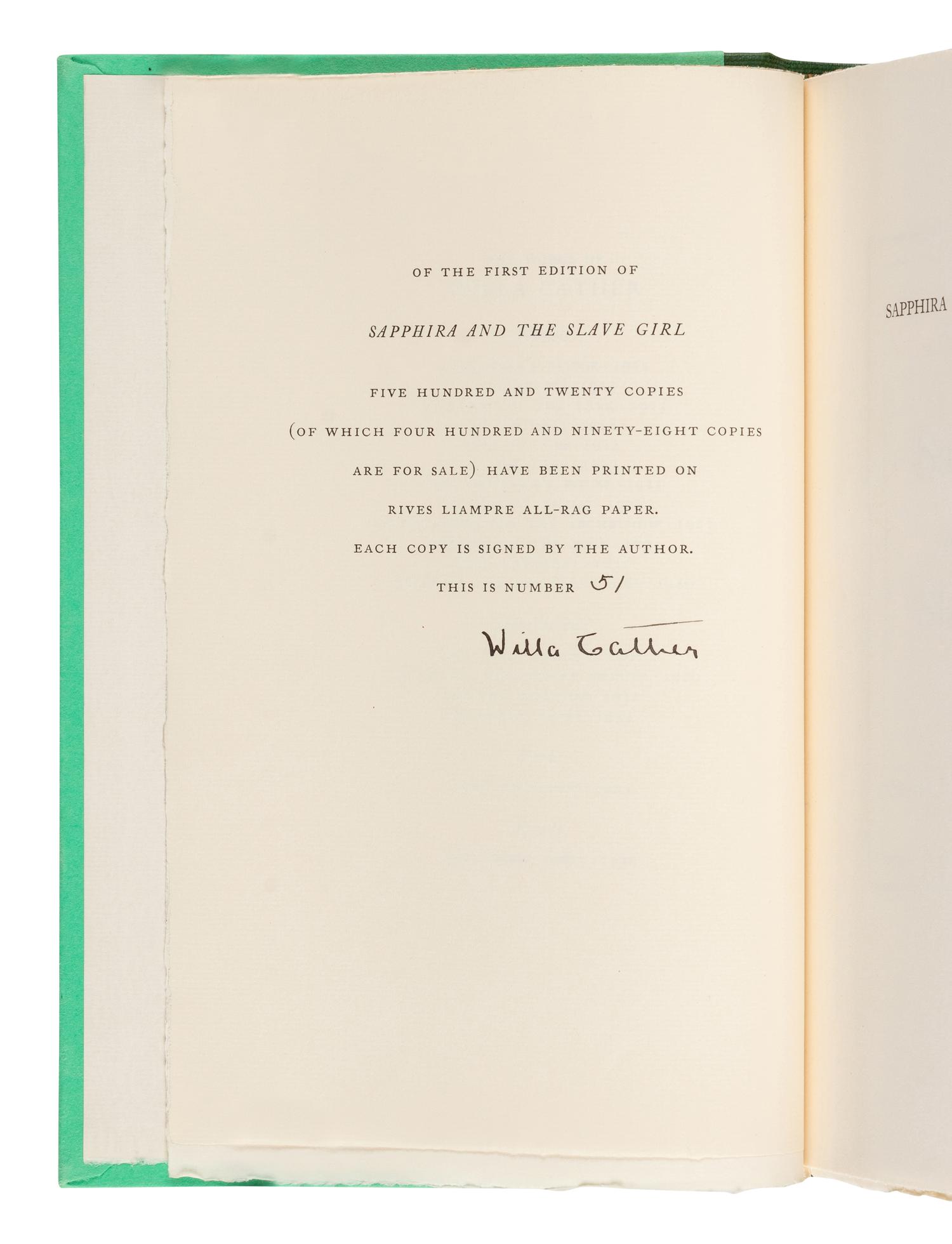 CATHER, Willa (1873-1947). Sapphira and the Slave Girl . New York: Alfred A. Knopf, 1940.