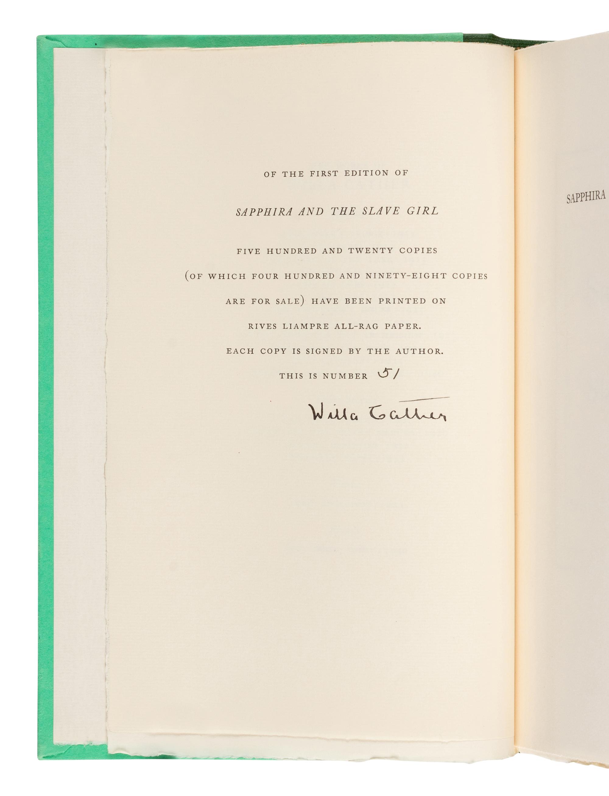 CATHER, Willa (1873-1947). Sapphira and the Slave Girl . New York: Alfred A. Knopf, 1940.