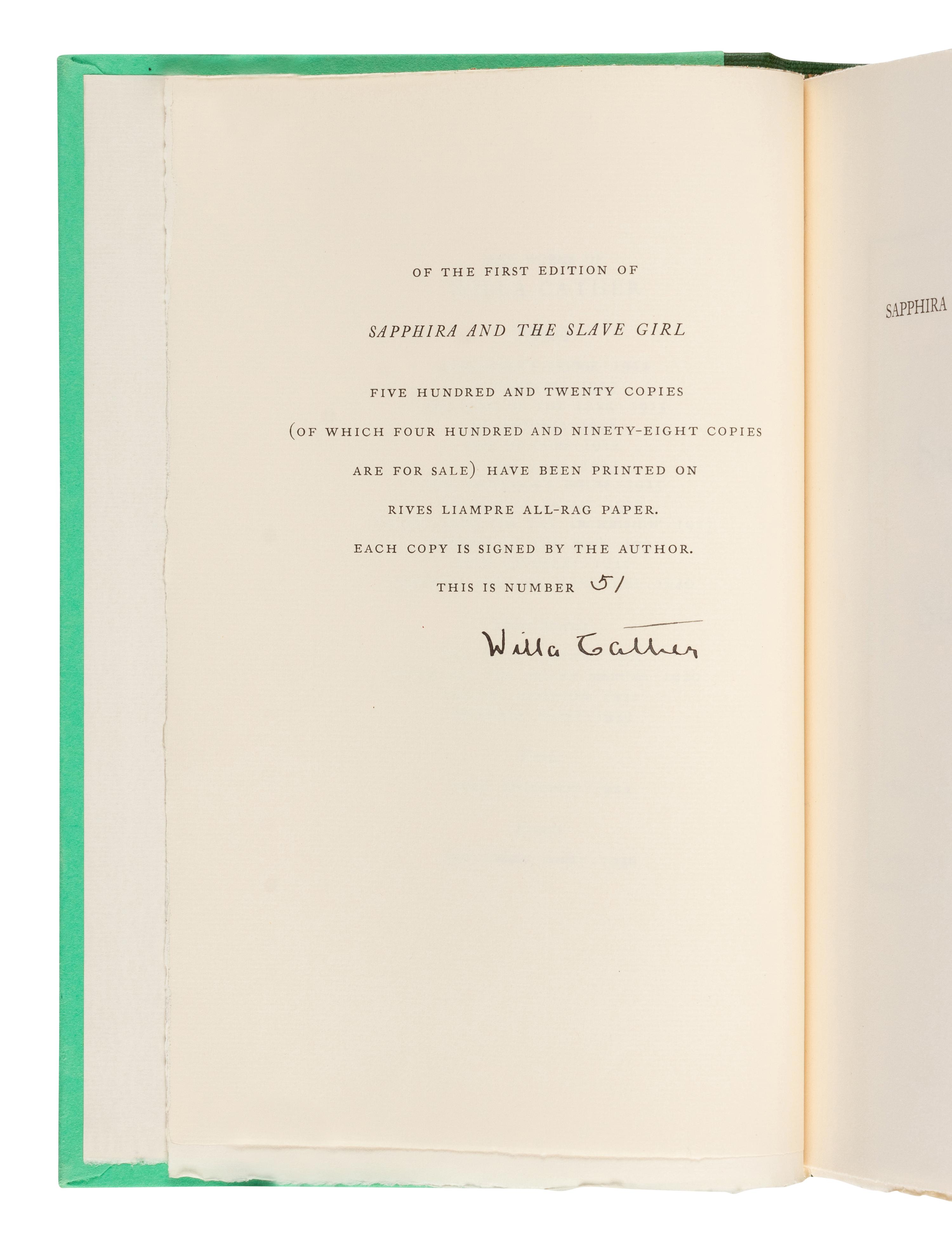 CATHER, Willa (1873-1947). Sapphira and the Slave Girl . New York: Alfred A. Knopf, 1940.