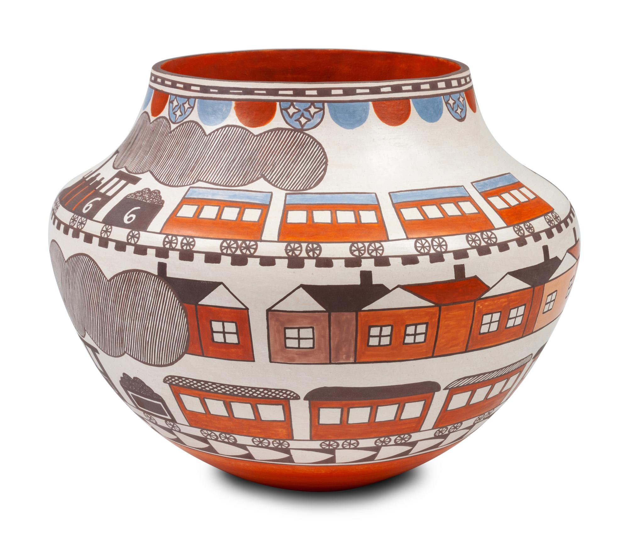Polychrome Pottery Jar, with Trains