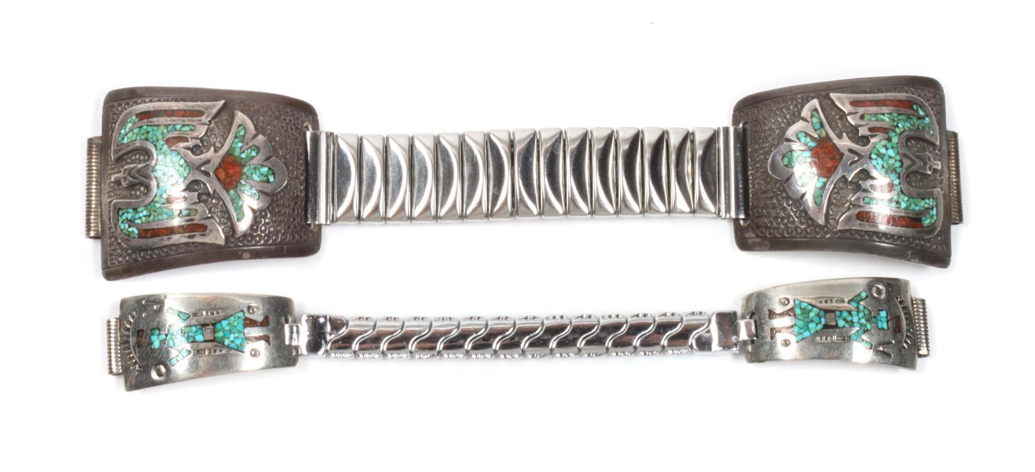 Two Southwestern Silver and Chip Inlay Watch Bands Length of larger 5 1/2 inches