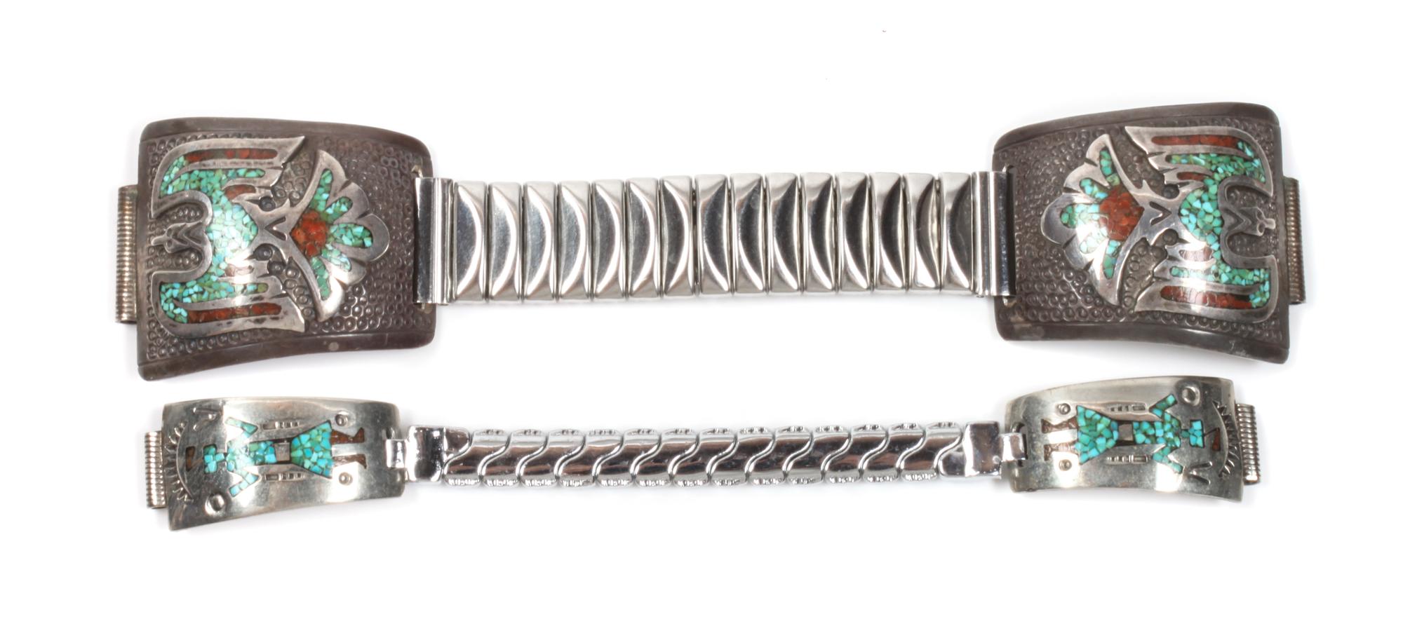 Two Southwestern Silver and Chip Inlay Watch Bands Length of larger 5 1/2 inches