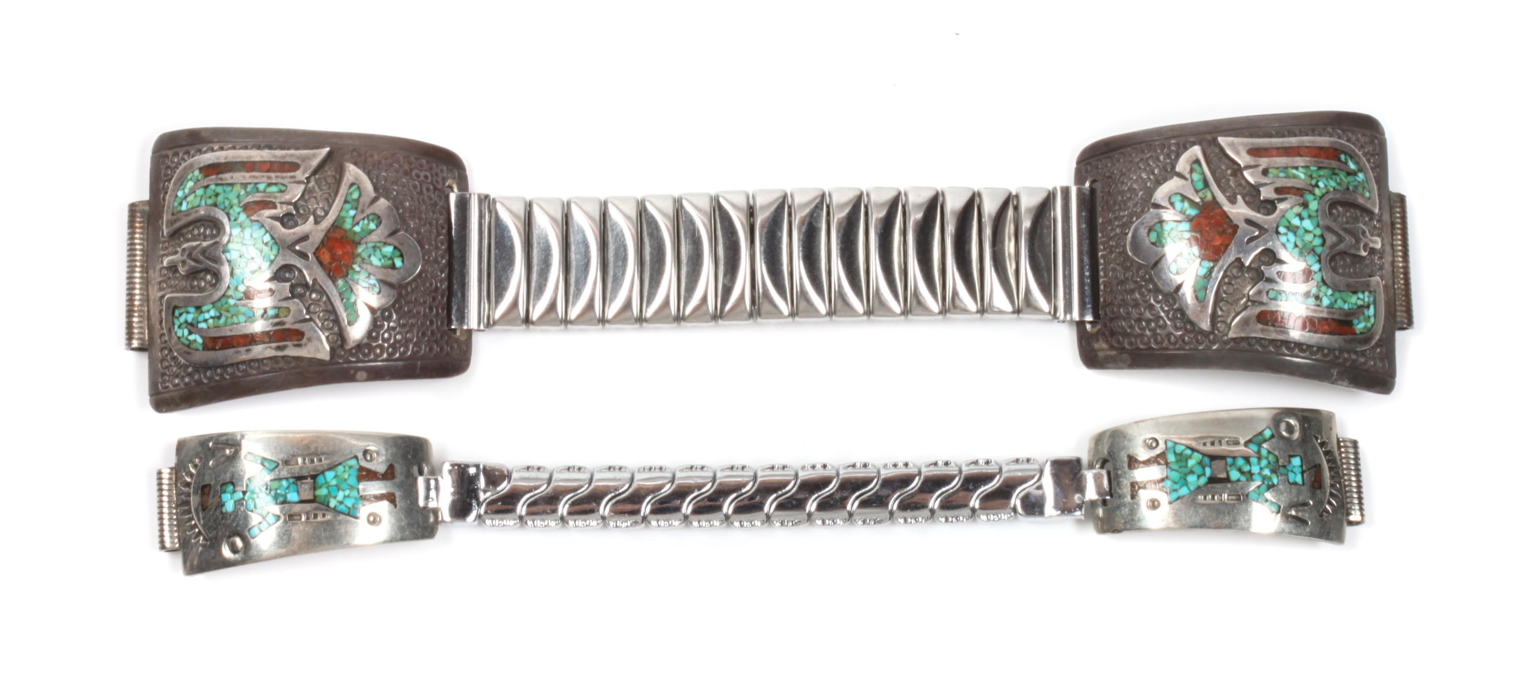Two Southwestern Silver and Chip Inlay Watch Bands Length of larger 5 1/2 inches