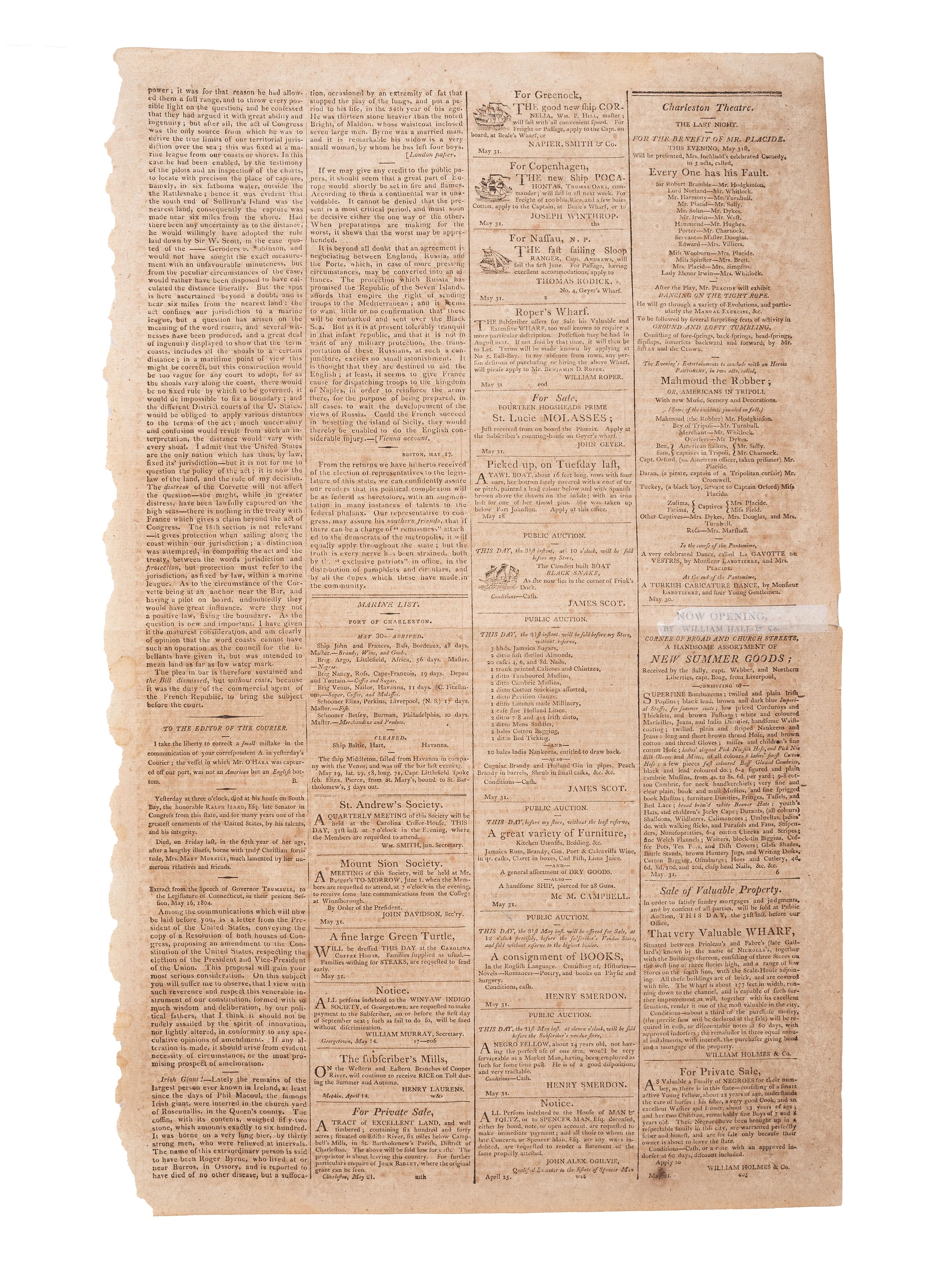 [SLAVERY & ABOLITION]. Charleston Courier. Vol. 2, No. 128. Charleston, SC: A.S. Willington, 31 May 1804.