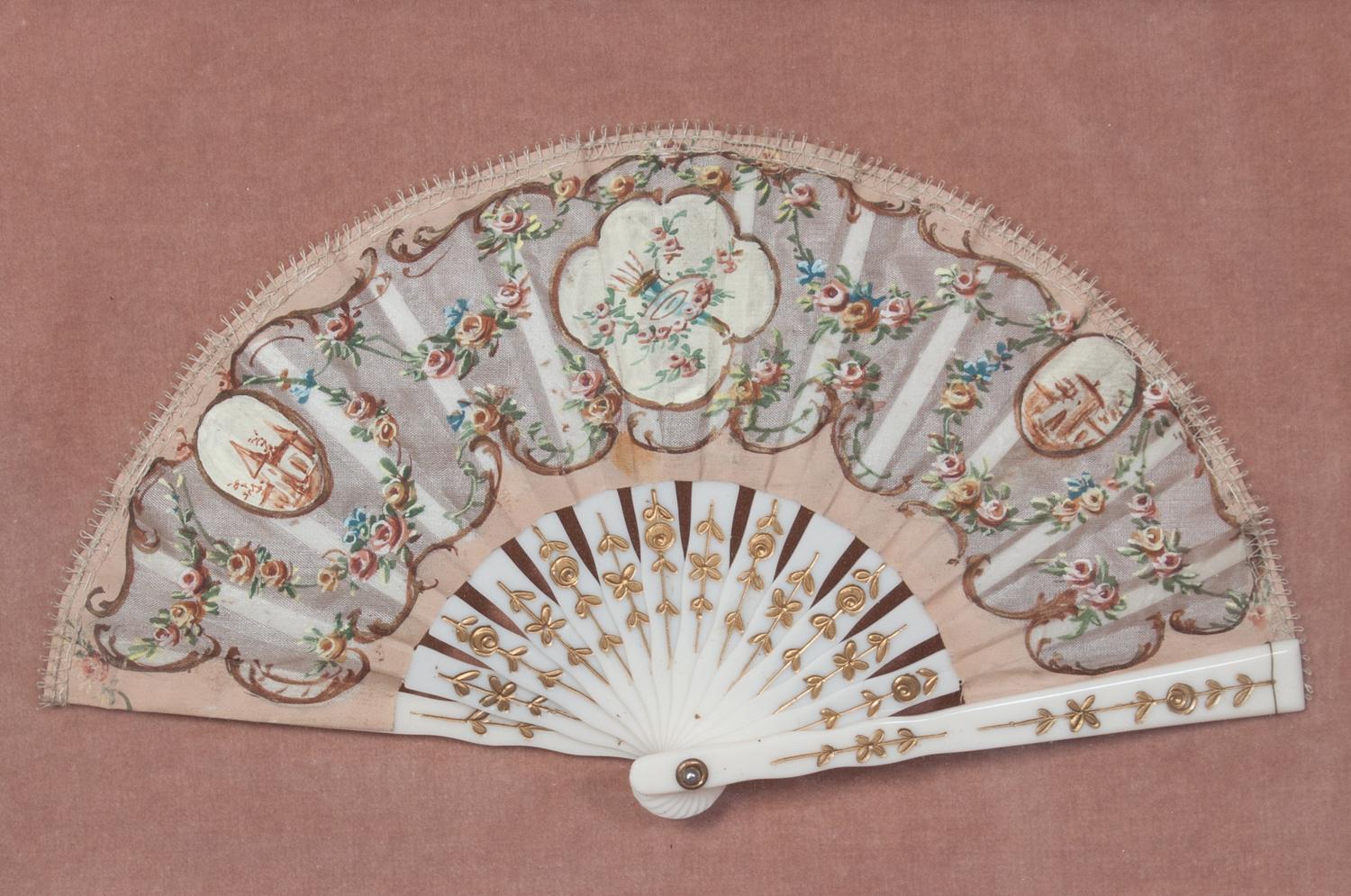 Five French Painted Paper Fans Width of first 15 1/2 inches. — 20TH CENTURY