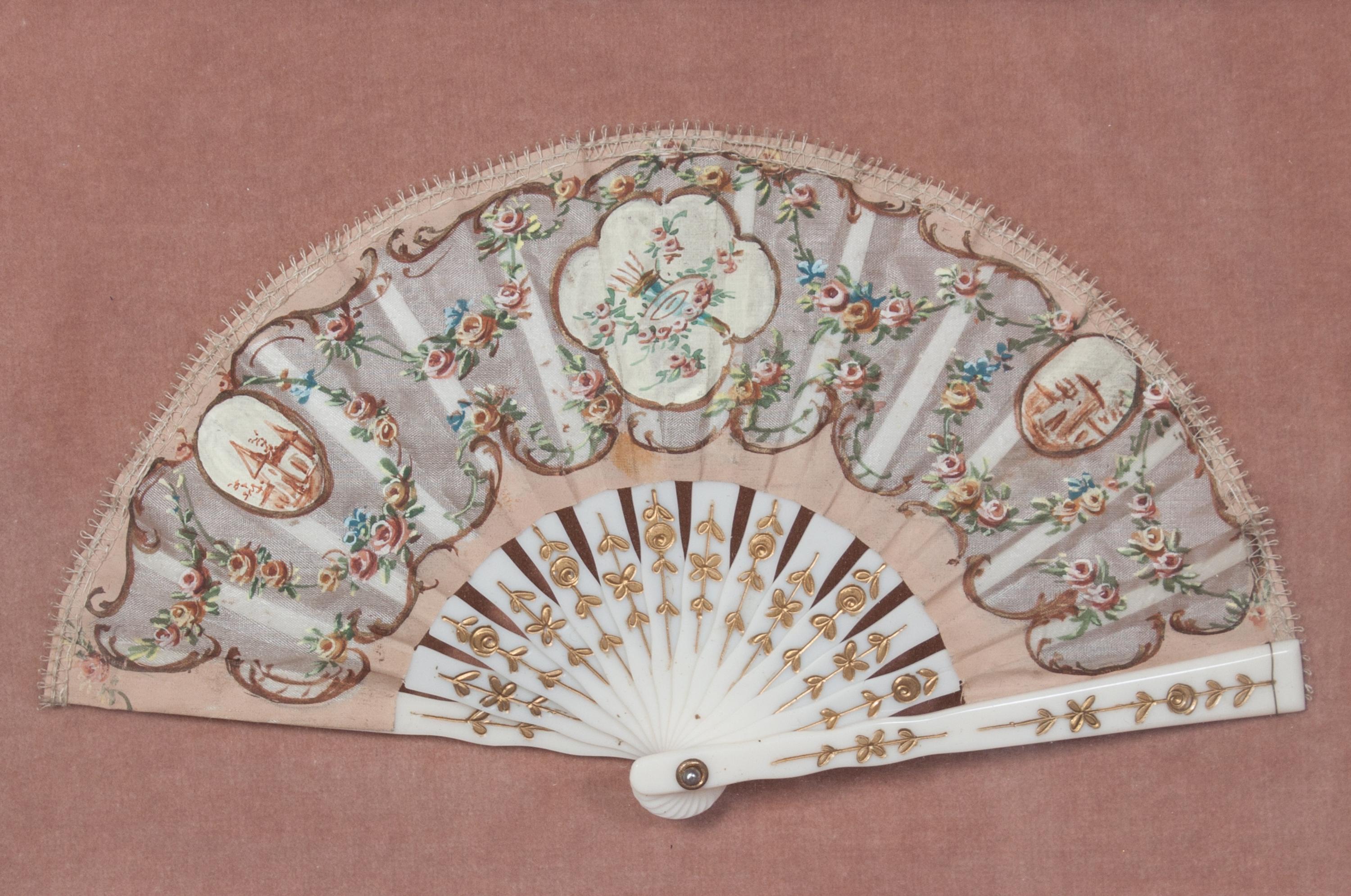 Five French Painted Paper Fans Width of first 15 1/2 inches. — 20TH CENTURY