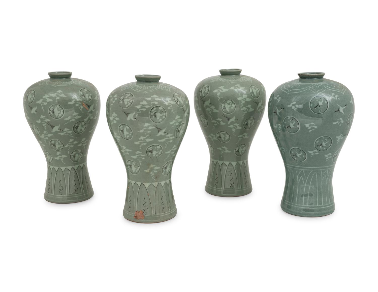 Four Korean Celadon 'Crane and Cloud' Porcelain Maebyong Vases