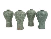 Four Korean Celadon 'Crane and Cloud' Porcelain Maebyong Vases