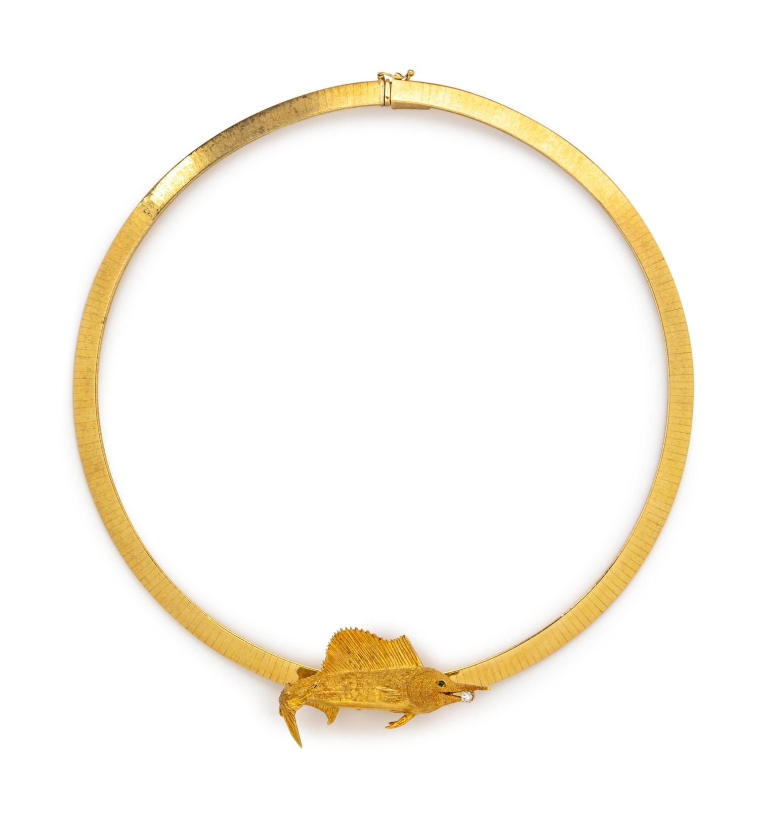 A Yellow Gold and Diamond Marlin Fish Slide/Necklace,