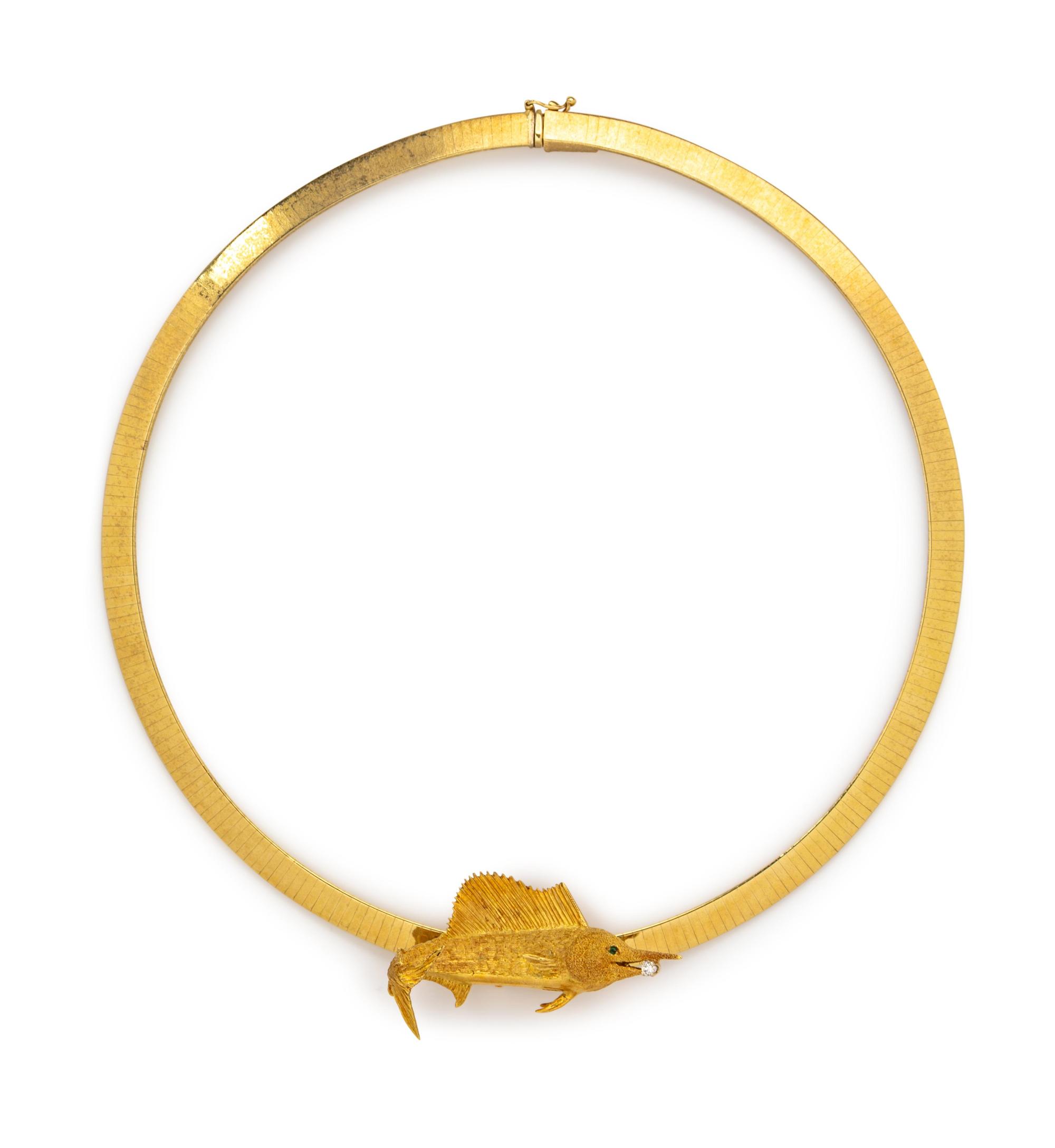 A Yellow Gold and Diamond Marlin Fish Slide/Necklace,