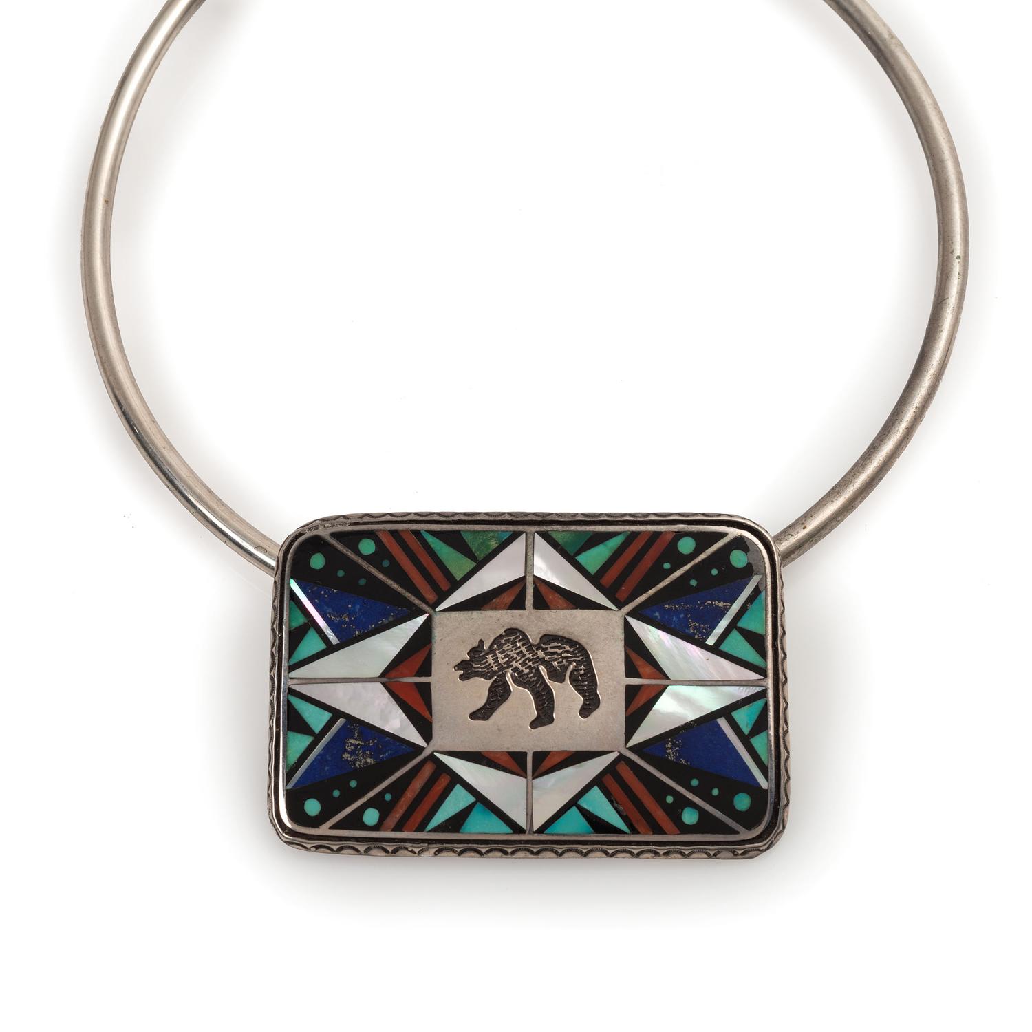 Navajo Silver and Mosaic Inlay Bear Choker Necklace