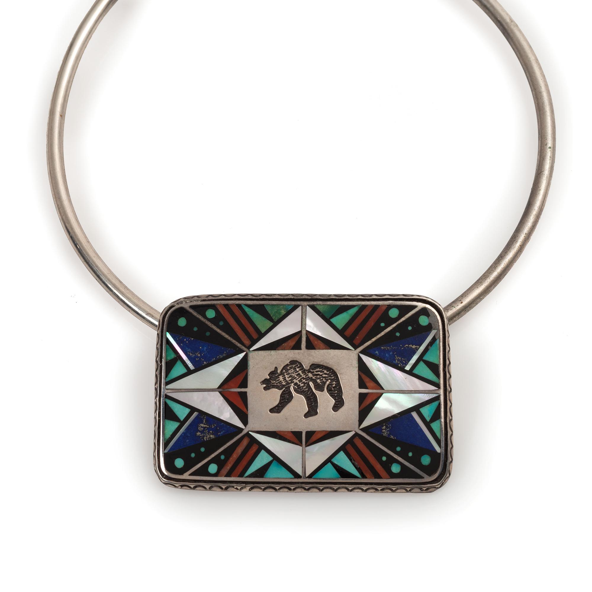 Navajo Silver and Mosaic Inlay Bear Choker Necklace