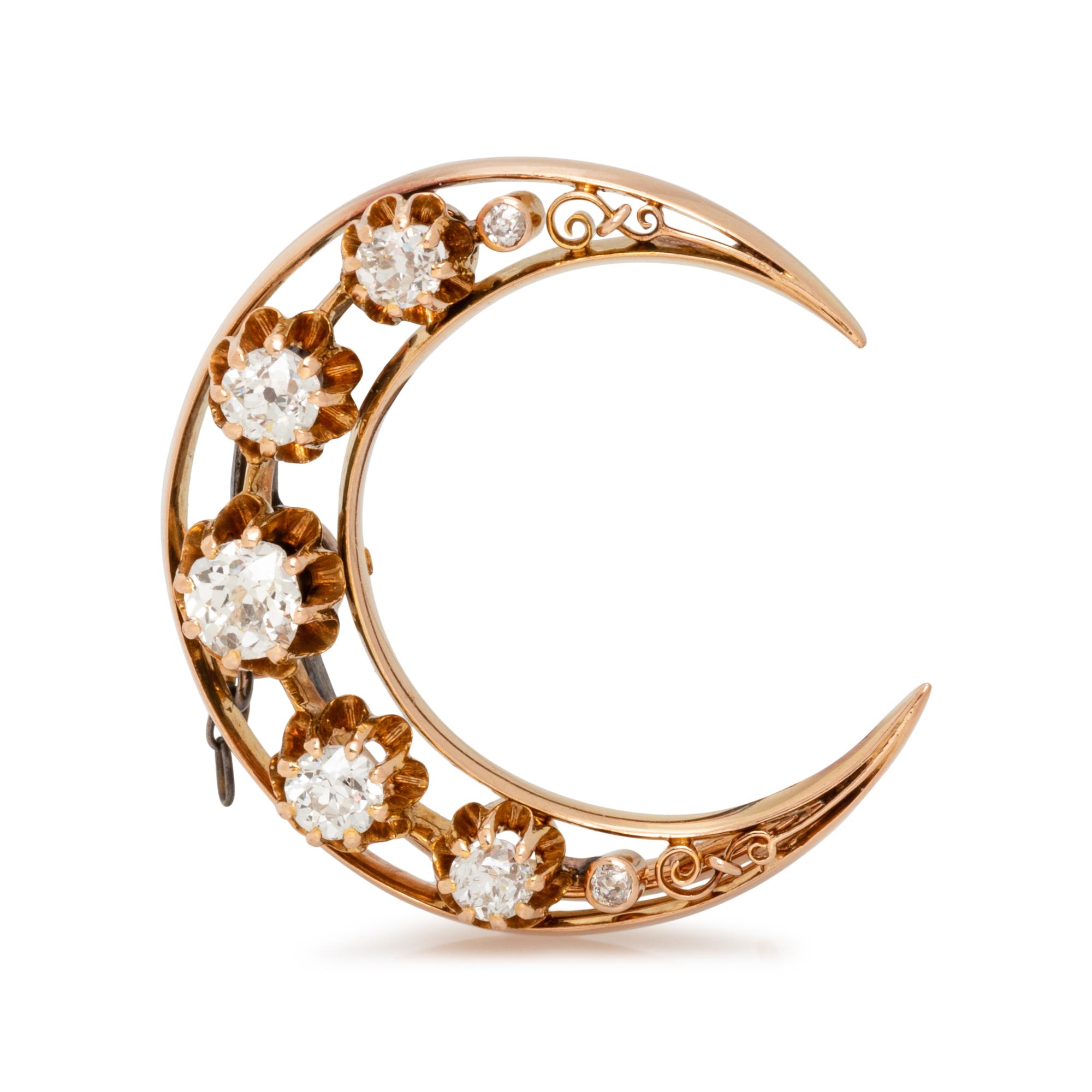 VICTORIAN, YELLOW GOLD AND DIAMOND CRESCENT BROOCH