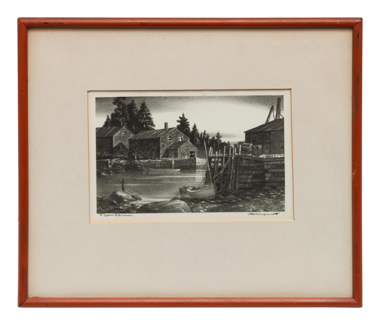A group of six prints of Port Clyde, Maine ( Fog Bell; Corbett's Pond , 1965; Ebb Tide , 1944; Harbor at Port Clyde , 1939; Marshall's Point , 1939; Tower Door, Marshall Point Lighthouse , 1954)