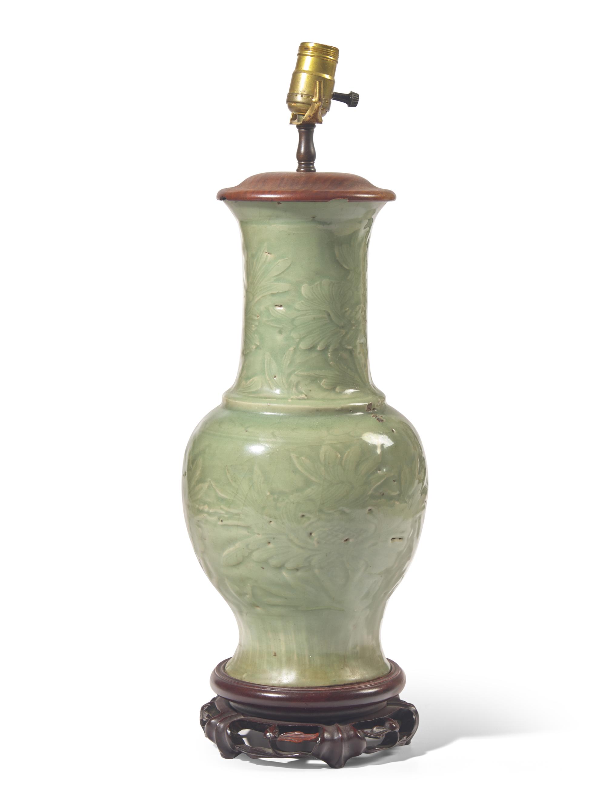A Chinese Longquan Celadon Vase, Now Mounted as a Lamp