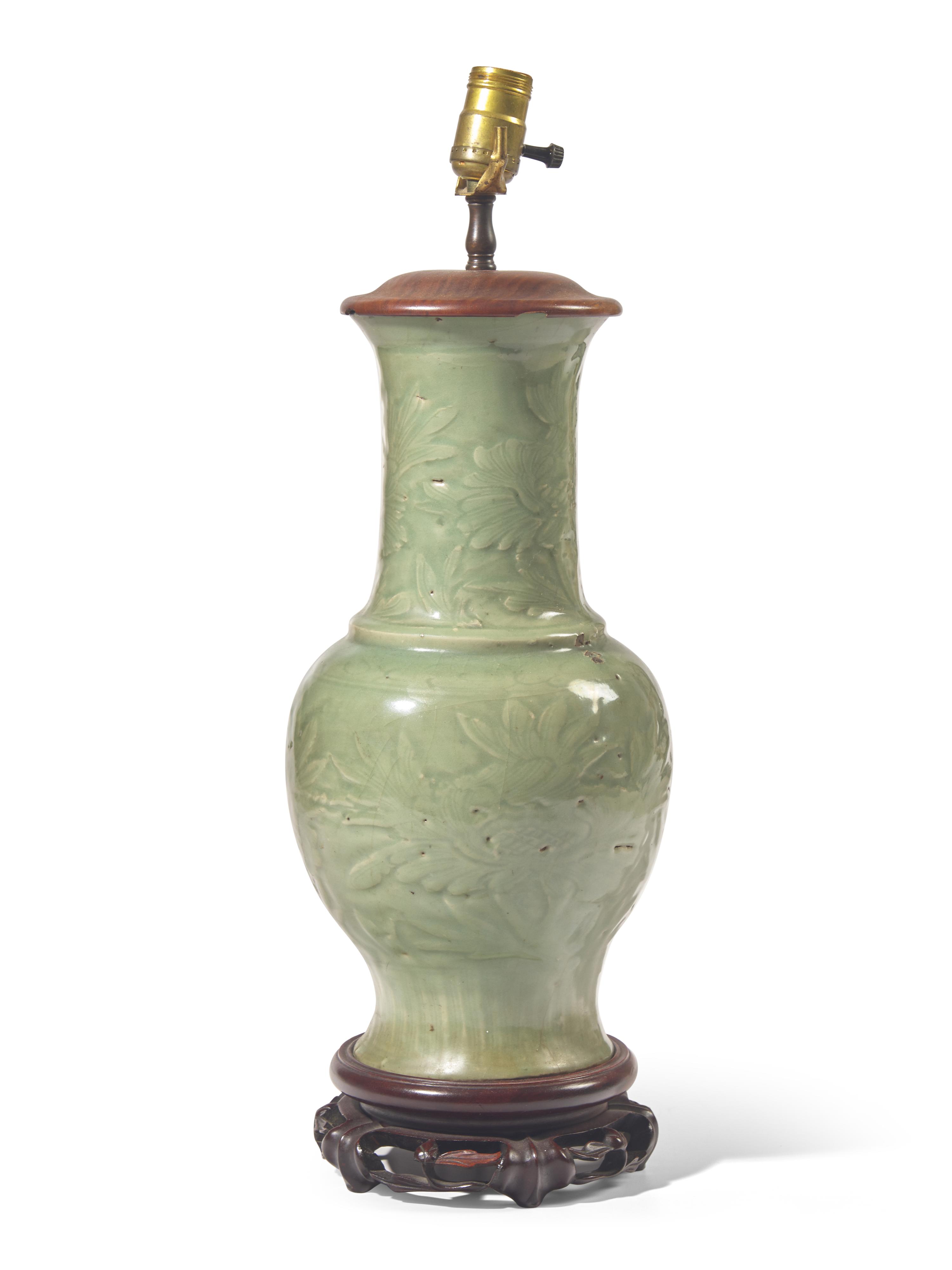 A Chinese Longquan Celadon Vase, Now Mounted as a Lamp