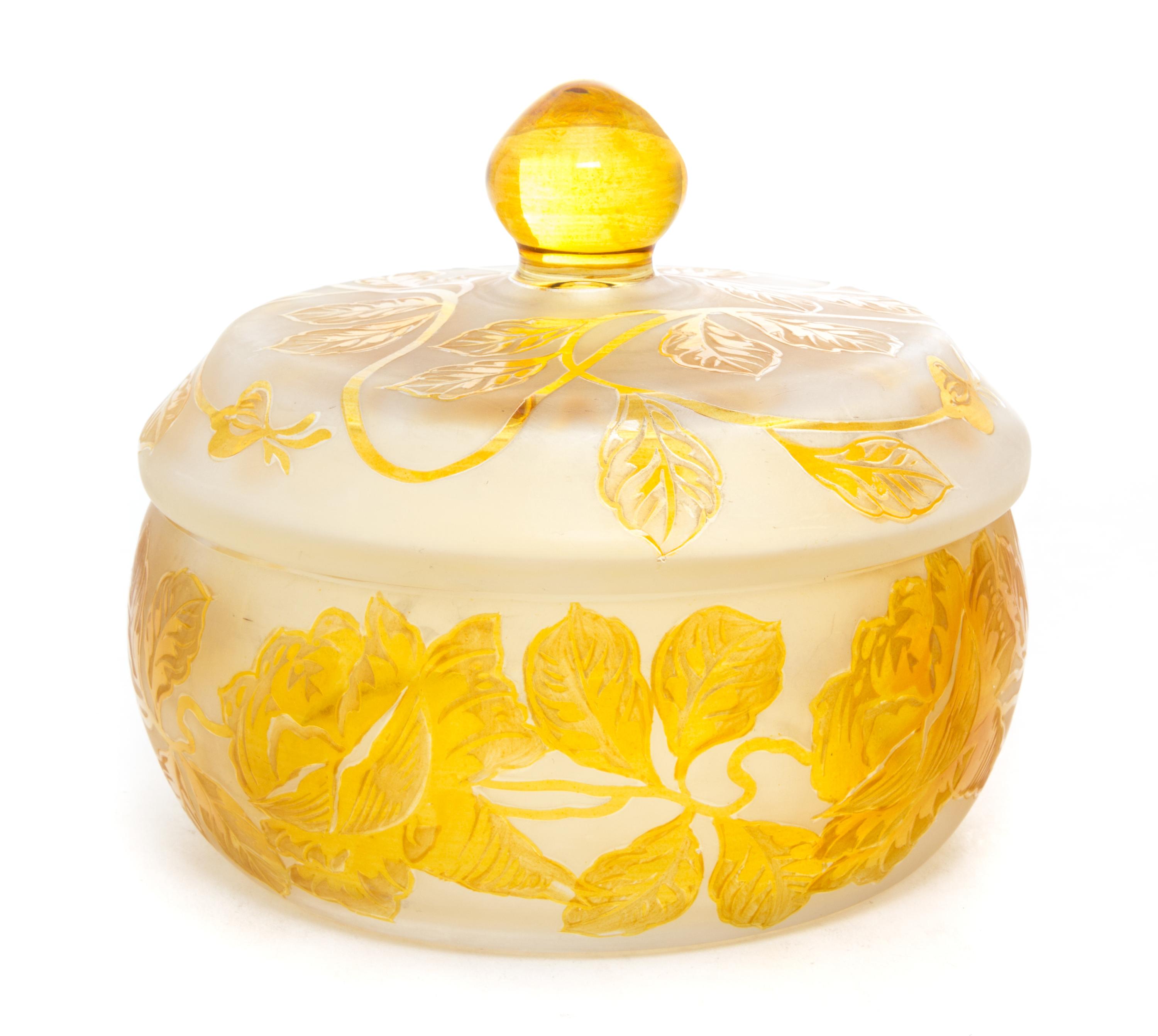A Cameo Decorated and Frosted Glass Powder Box Diameter 6 inches.