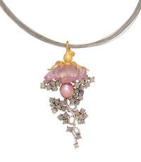 ANGELA CONTY, ROUGH KUNZITE, PINK PEARL AND ROUGH DIAMOND PENDANT/NECKLACE