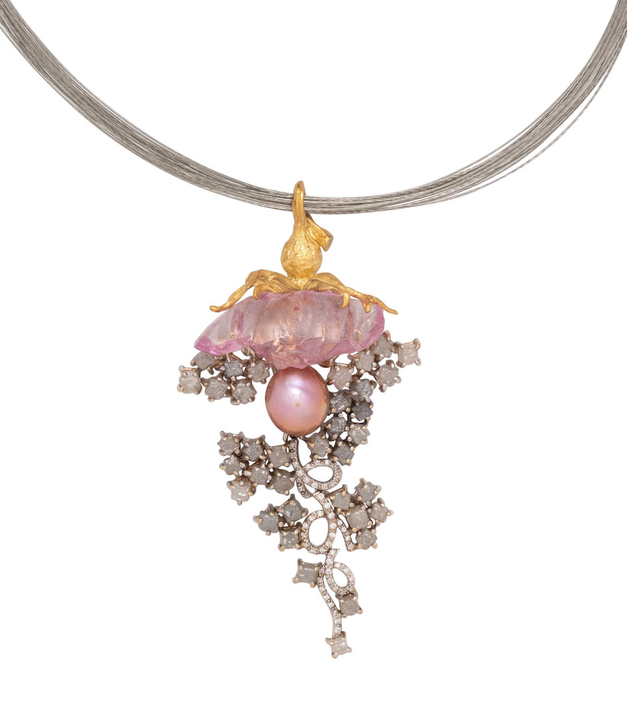 ANGELA CONTY, ROUGH KUNZITE, PINK PEARL AND ROUGH DIAMOND PENDANT/NECKLACE