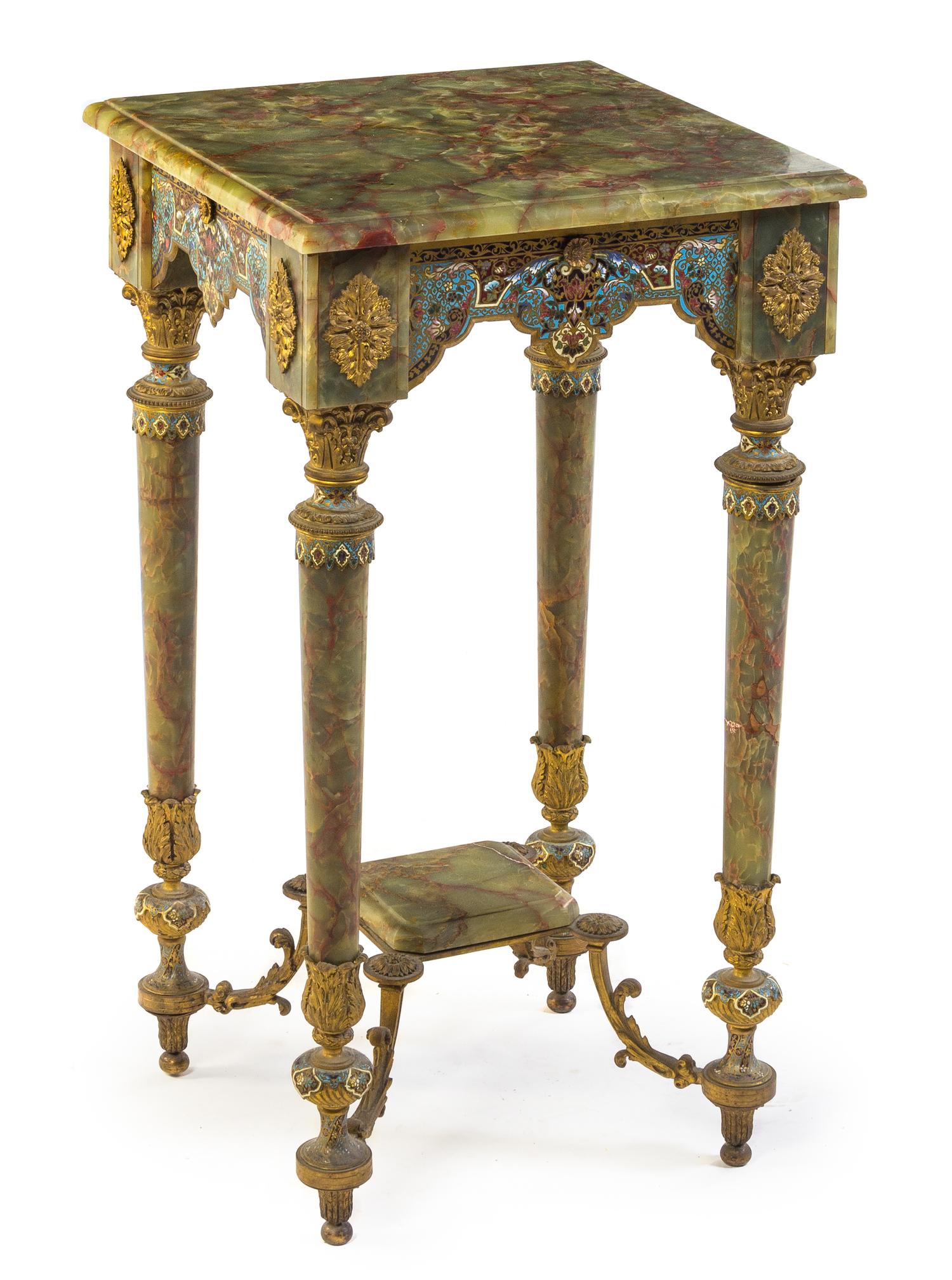 A Continental Onyx, Gilt Bronze and Champleve Pedestal Table Height 32 x width 17 1/2 x depth 17 1/2 inches.