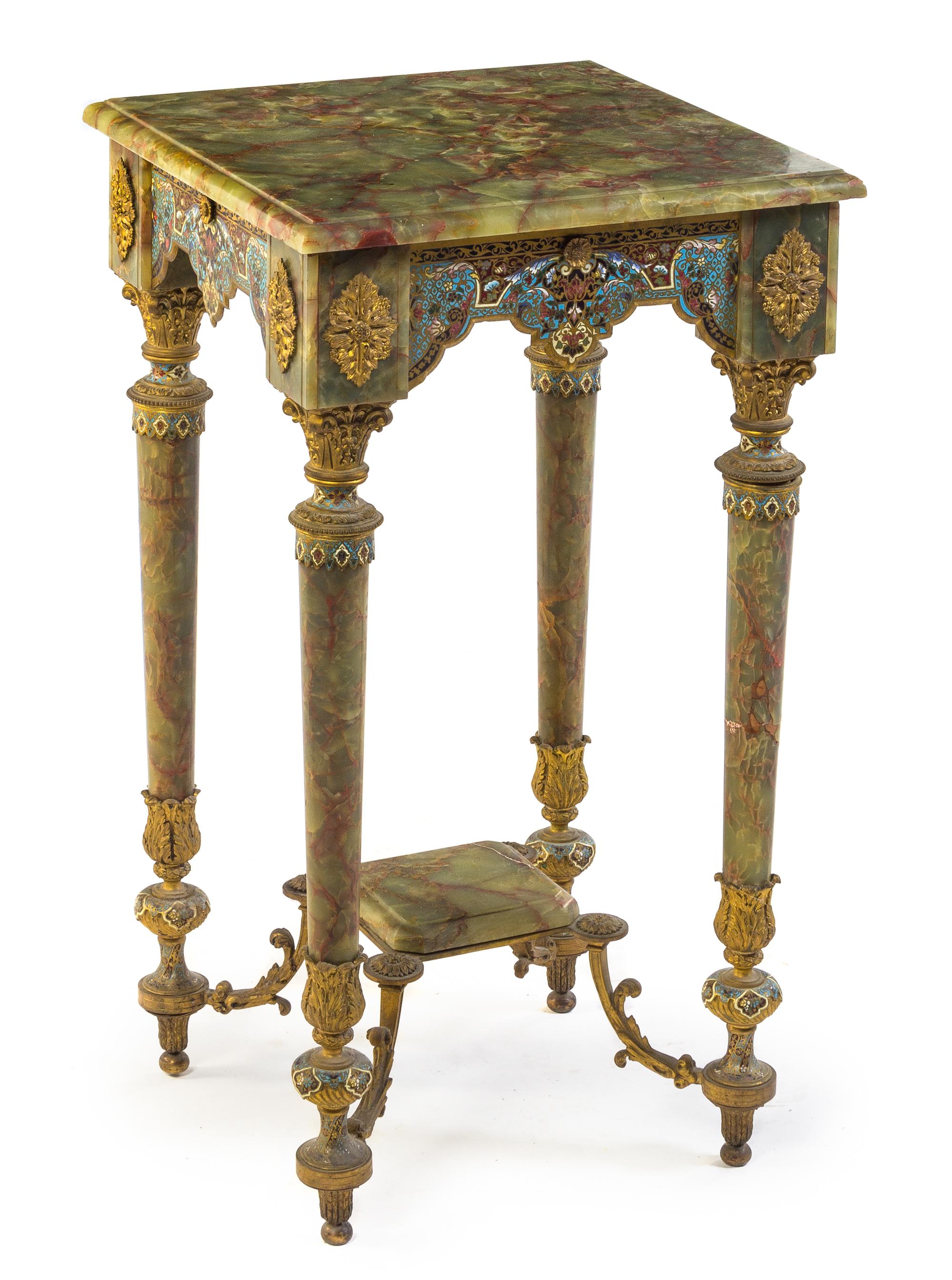 A Continental Onyx, Gilt Bronze and Champleve Pedestal Table Height 32 x width 17 1/2 x depth 17 1/2 inches.