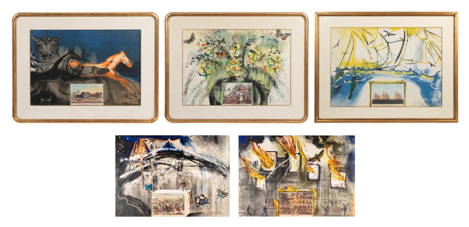 Five Prints from Currier & Ives as Interpreted by Salvador Dali (including New York Central Park Winter; American Trotting Horses No. 2; Les Fleurs et Fruits; American Yachting Scene; Fire! Fire! Fire!)