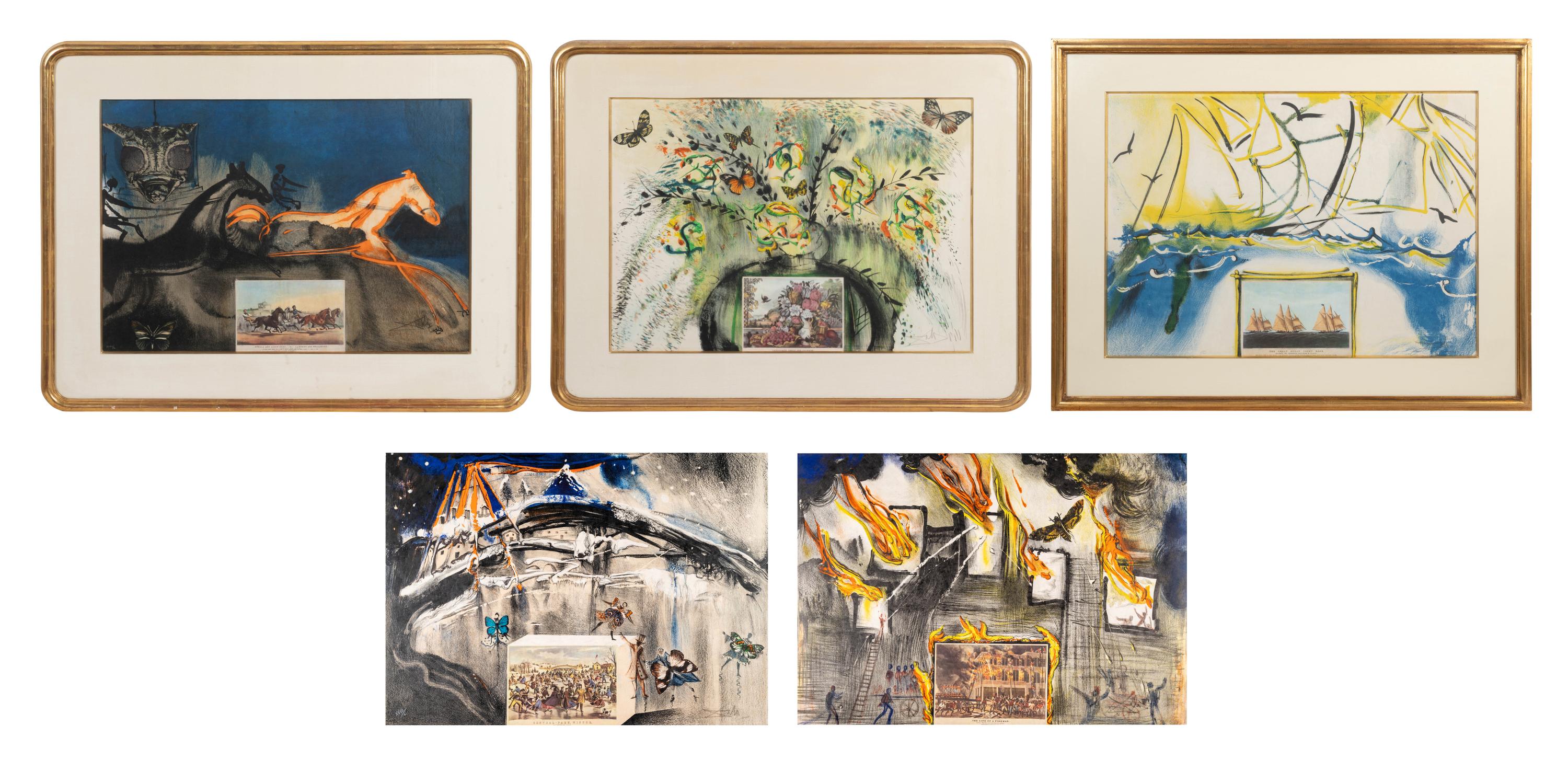Five Prints from Currier & Ives as Interpreted by Salvador Dali (including New York Central Park Winter; American Trotting Horses No. 2; Les Fleurs et Fruits; American Yachting Scene; Fire! Fire! Fire!)