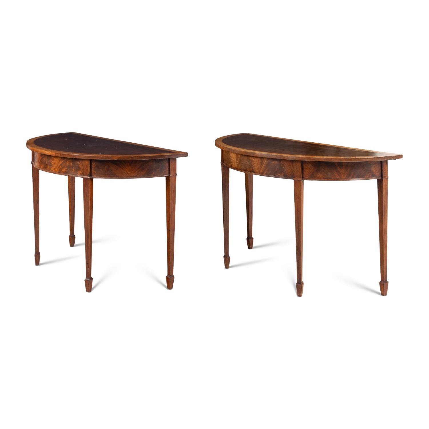 A Pair of George III Satinwood and Mahogany Demilune Console Tables