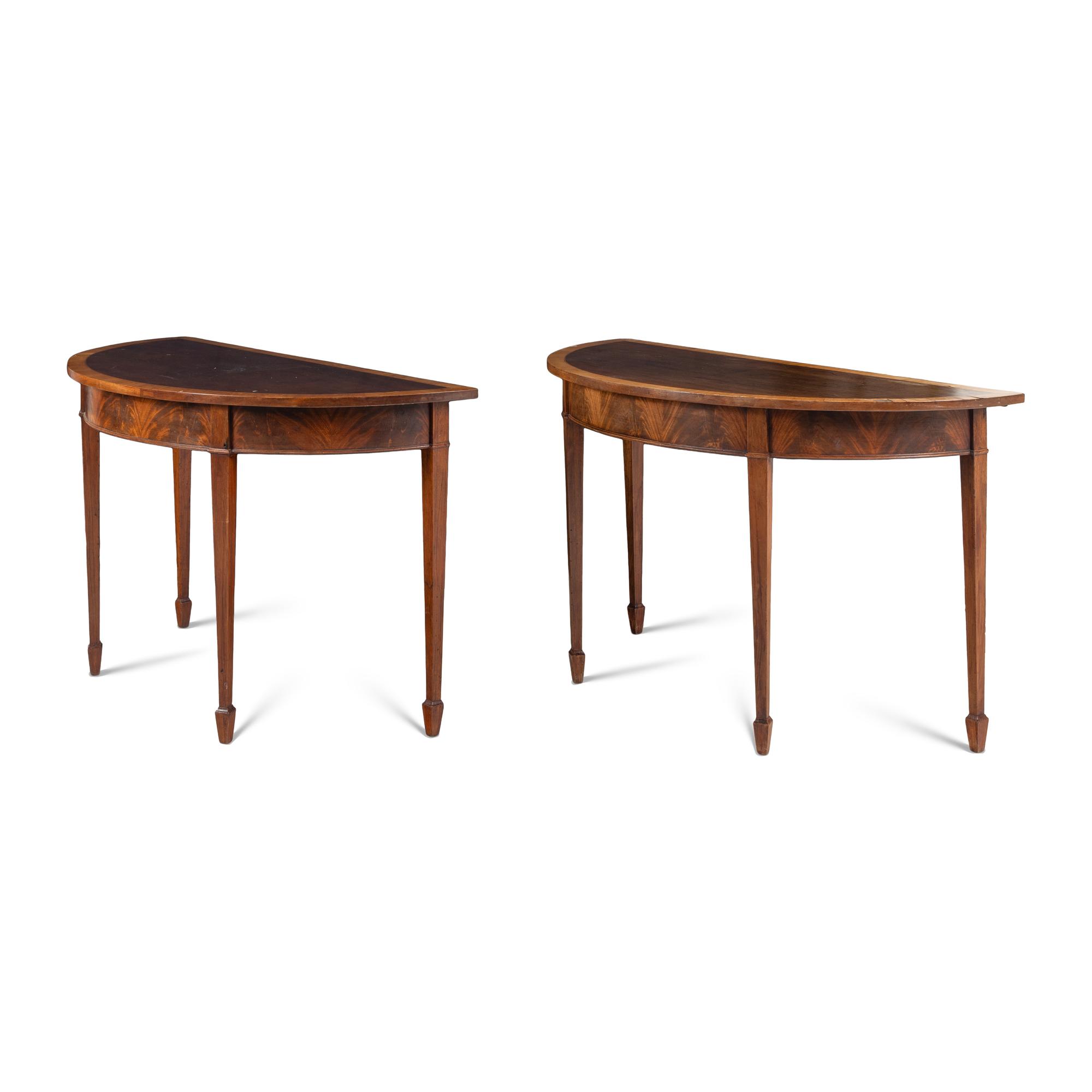 A Pair of George III Satinwood and Mahogany Demilune Console Tables