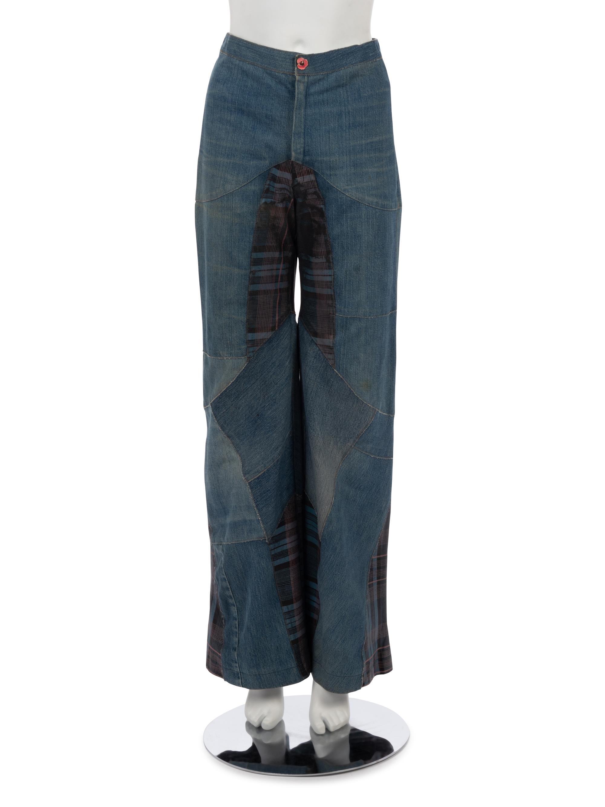 One Saint Laurent Rive Gauche Black Crepe Top and One Pair of Unlabeled Bell Bottom Denim Jeans, 1970s
