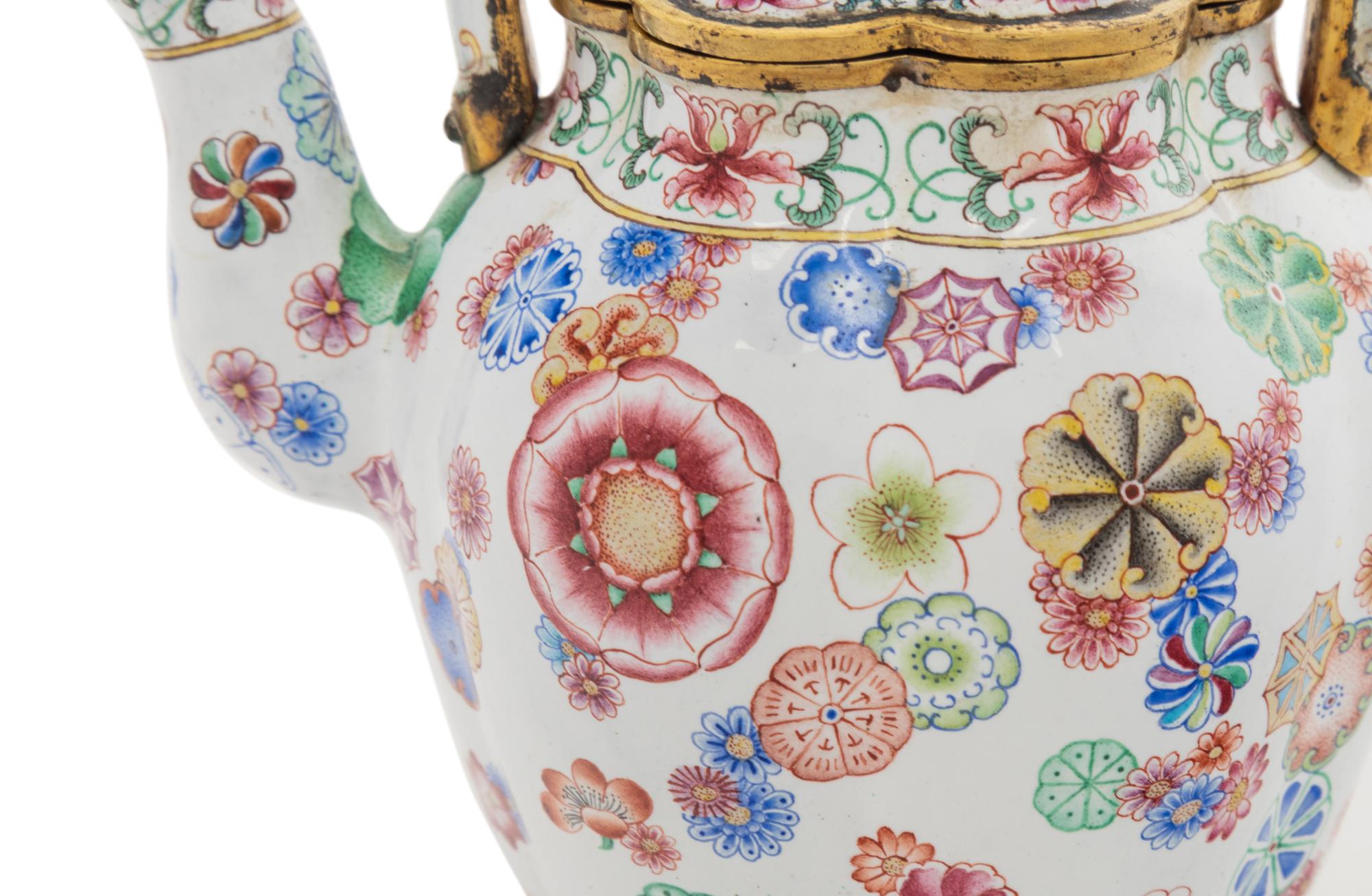 A Peking Enamel on Copper 'Floral' Covered Teapot