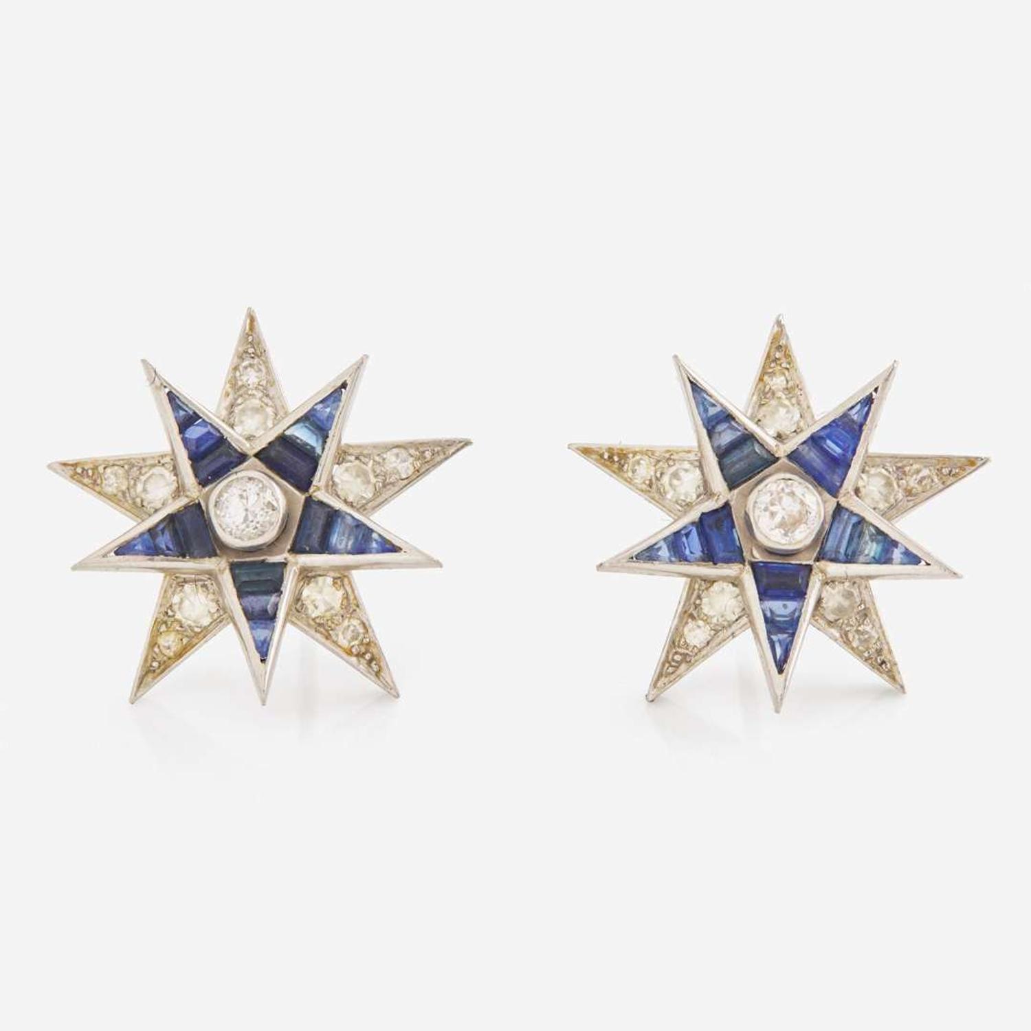A Pair of Platinum, Sapphire, and Diamond Star Earrings