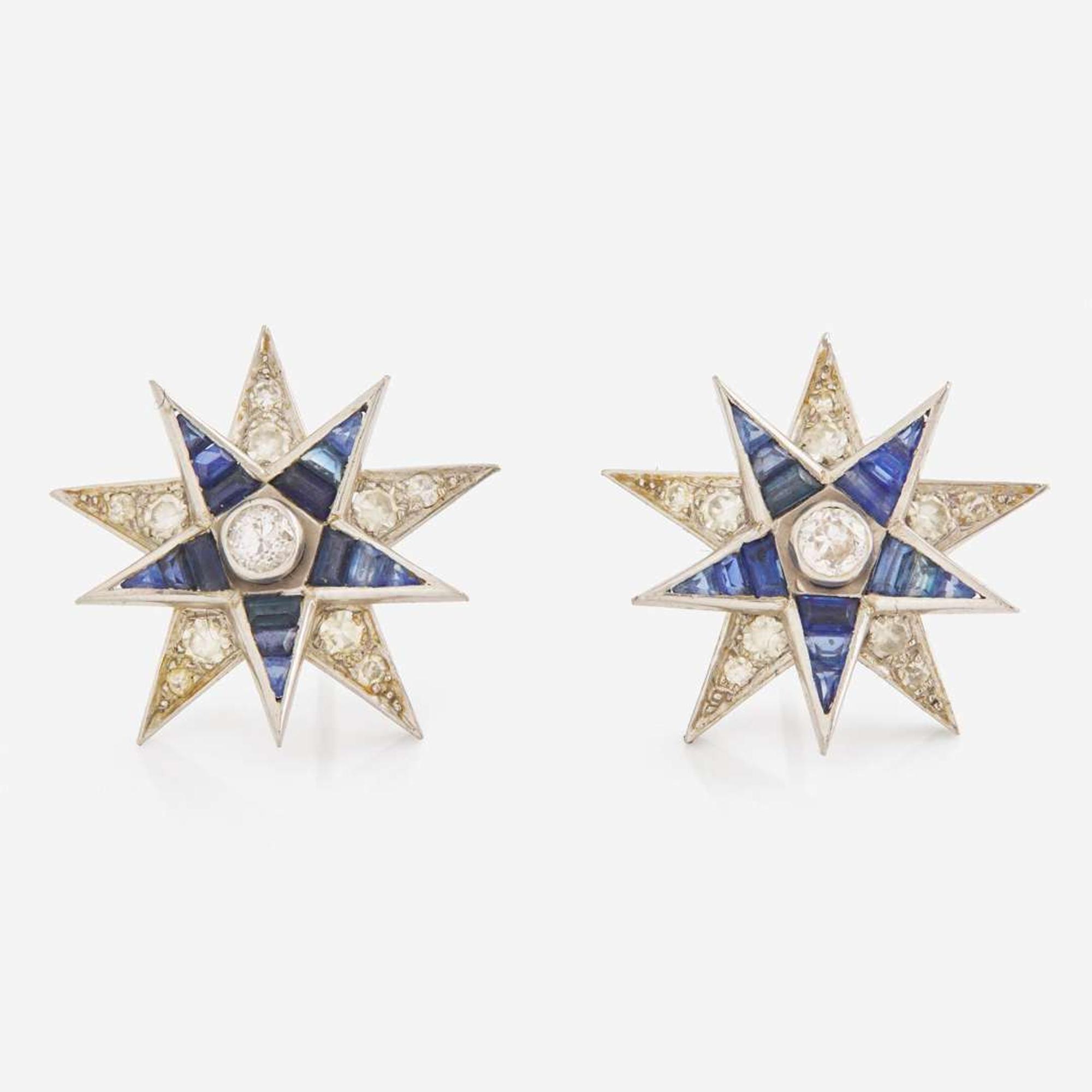 A Pair of Platinum, Sapphire, and Diamond Star Earrings