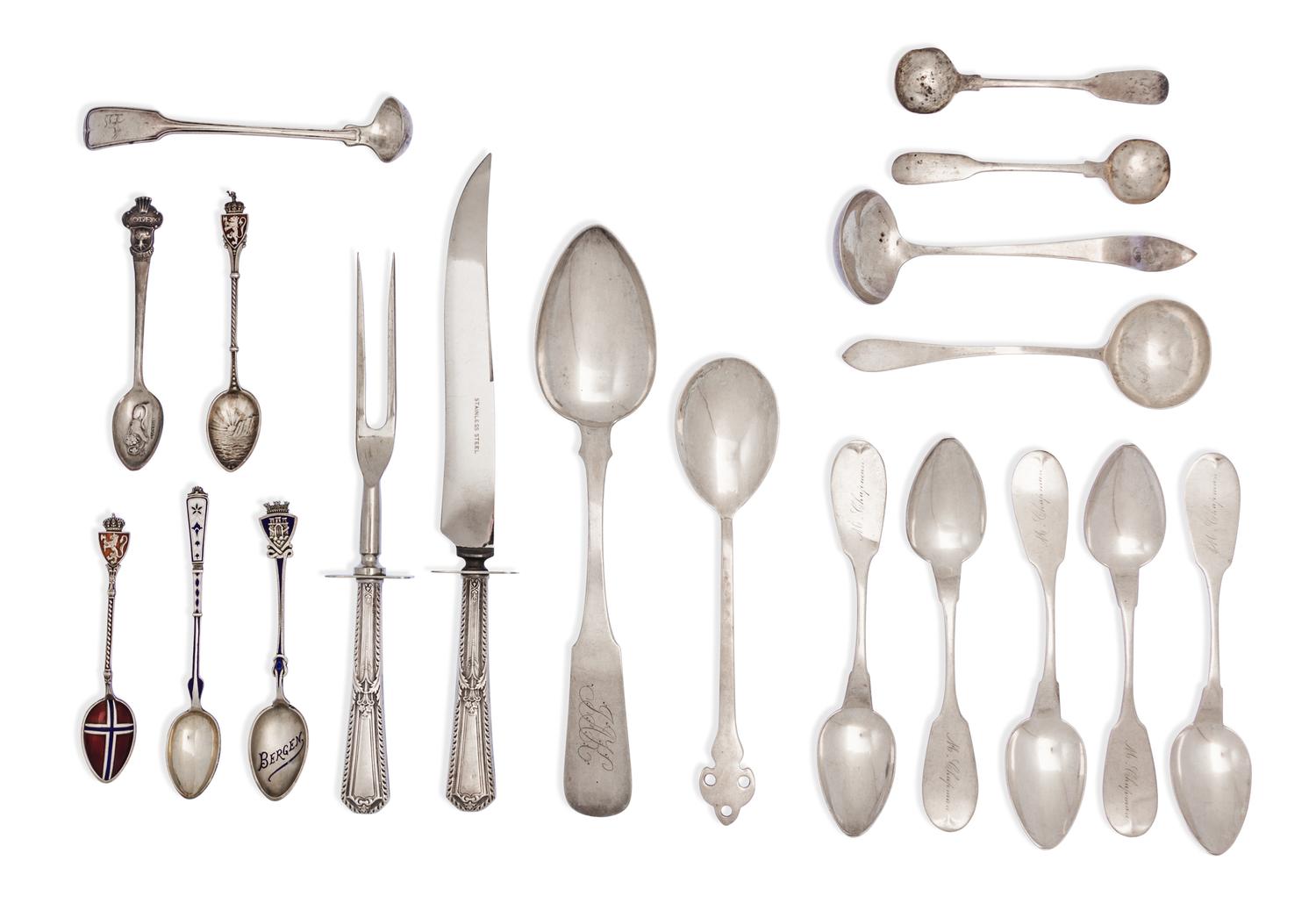 A Collection of Silver, Coin Silver and Silver-Plate Flatware, 19th and 20th Century, of various patterns and make, including four enam