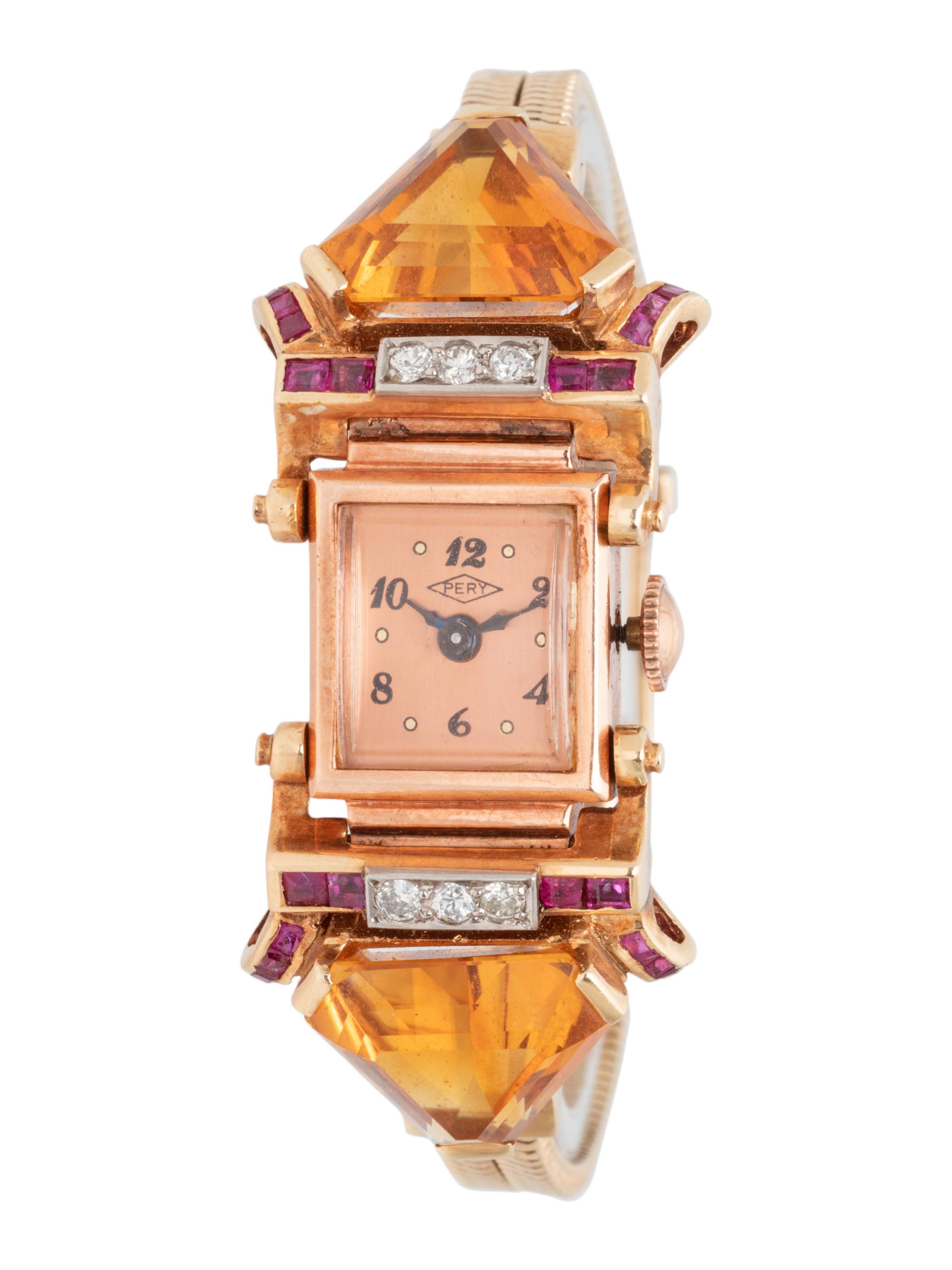RETRO, 14K BICOLOR GOLD, CITRINE, RUBY AND DIAMOND WRISTWATCH